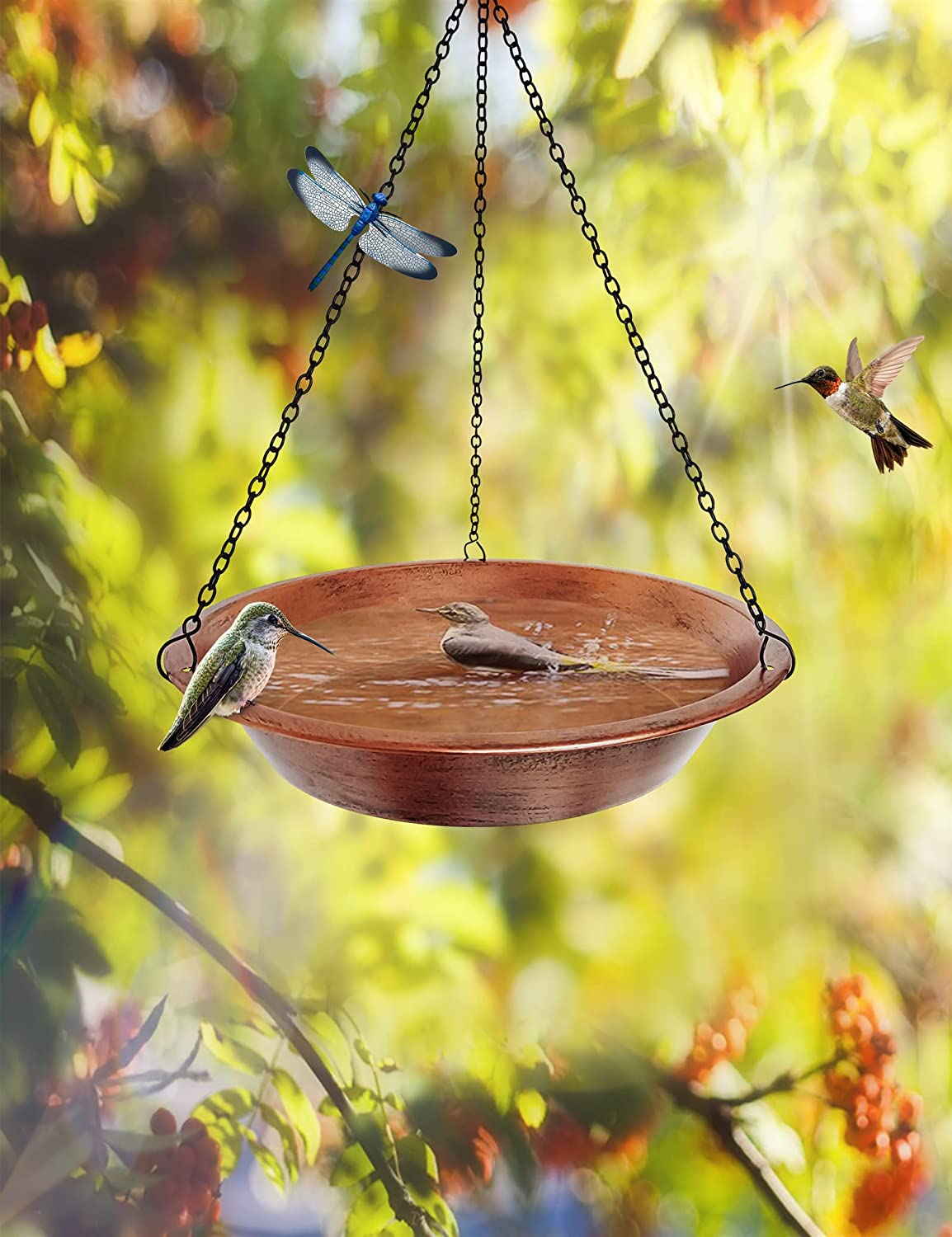Hanging Bird Bath for Outdoor, Antique Copper Metal Bird Feeder Birdbath Bowl with 17&rdquo; Rust-Proof Black Chains for Garden Backyard Decor image number 2