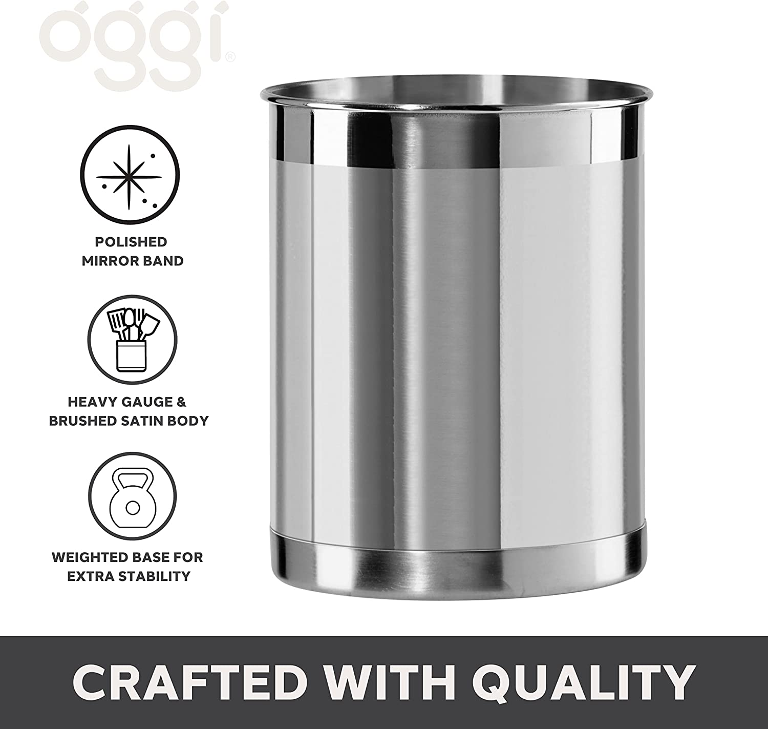 Oggi Stainless Steel Utensil Holder - 5" Diameter, Utensil Caddy, Weighted Base for Stability - Larger-Sized Utensil Crock and Countertop Utensil Organizer, Stainless Steel image number 3
