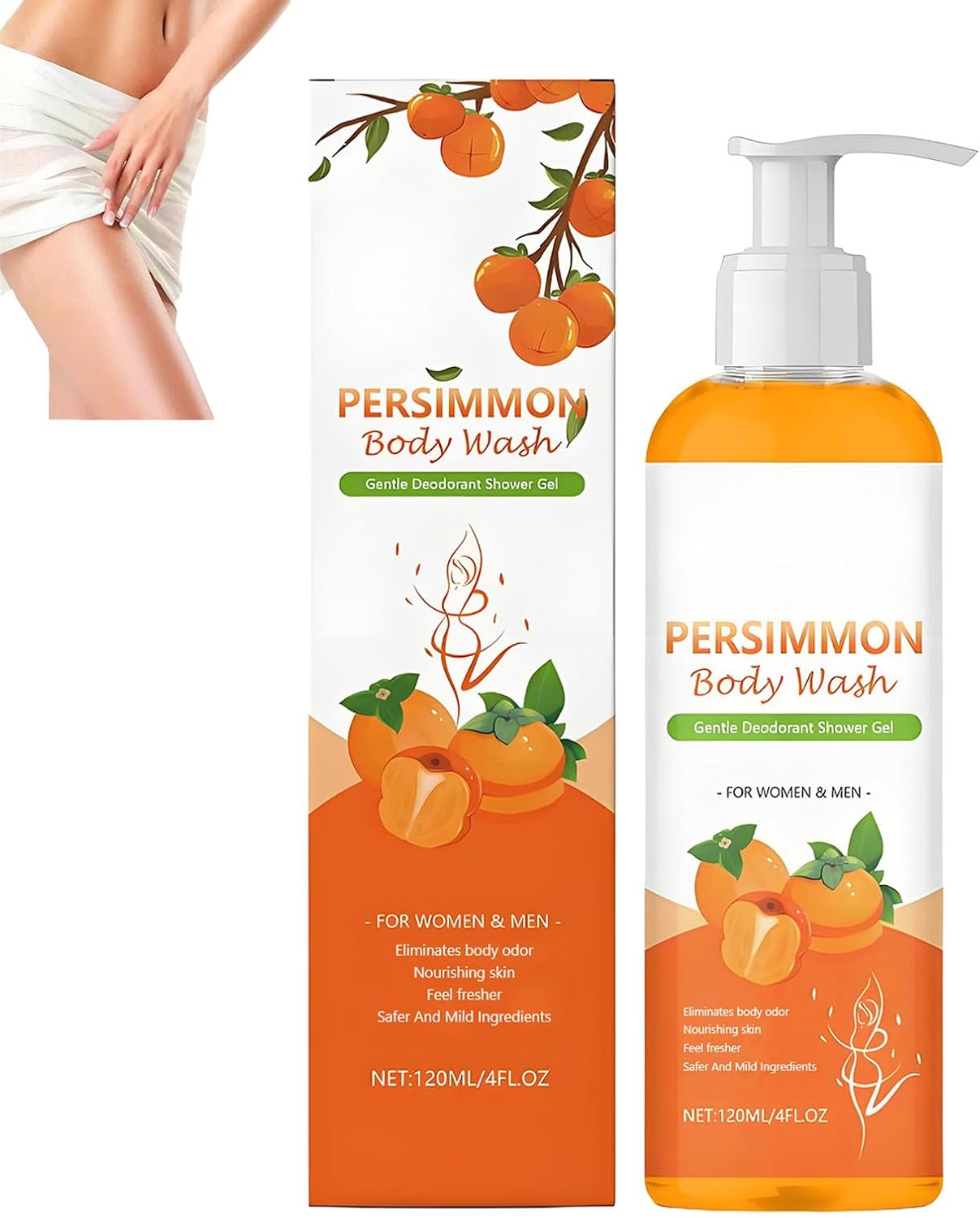 Persimmon Body Wash for Body Odor, Natural Deodorant Body Wash for Strong Odor Smell Removing, Deeply Cleansing & Moisturizing, with Persimmon Extraction, Fresher Scent, Gentle Ingredients (1Pcs)