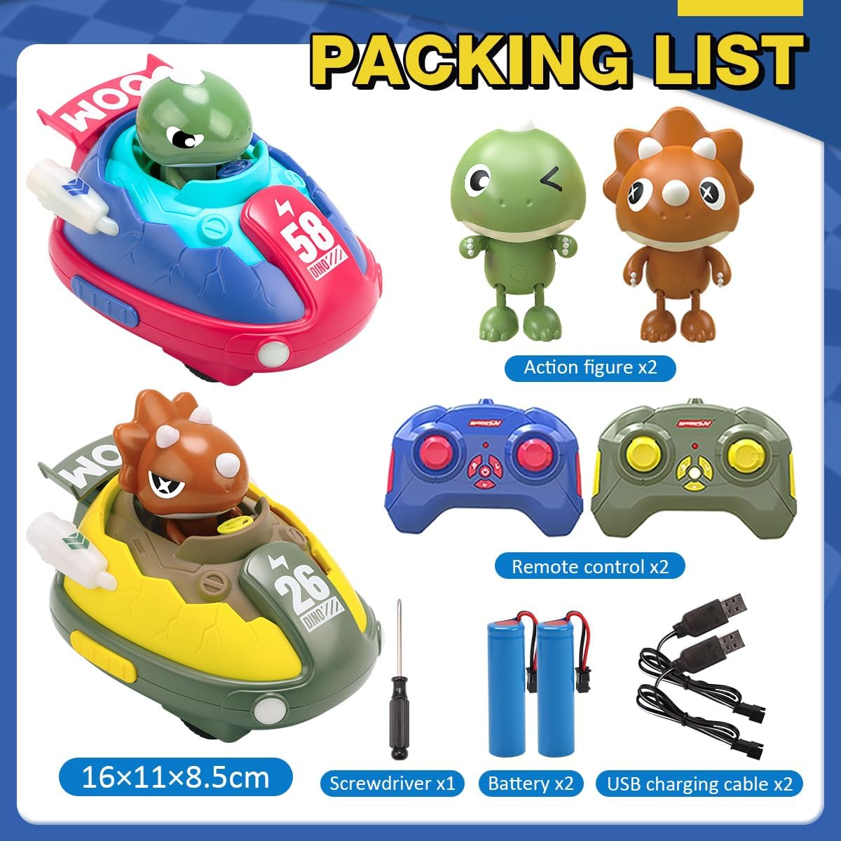 REMOKING 2 Pack Remote Control Car for 3 4 5 6 7 Year Old Boys, Dinosaur Toys with Lights & Sounds Effects, 360&deg; Rotation, 2.4Ghz RC Ejecting Bumper Car for Kids Age 3-8 Christmas Birthday Gifts