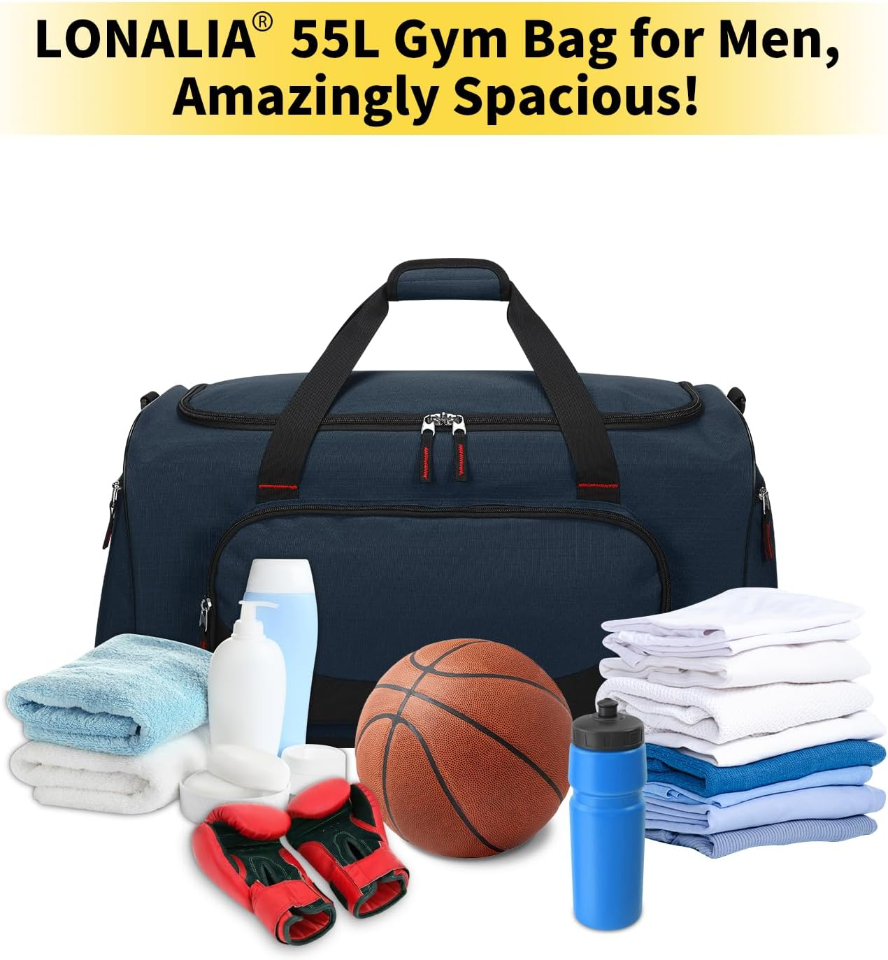 LONALIA 55L Large Gym Sports Duffle Bag for Men, Navy Blue, Sports Holdall Bags 22 Inch, LONALIA 55L Sports Holdall Bags for Men - Black image number 7