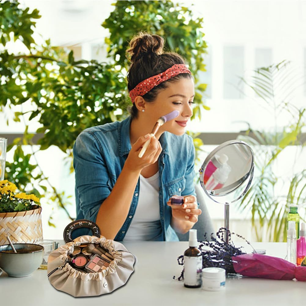 Lay Flat Makeup Bag, Drawstring Storage Bag, Flat Lay Cosmetic Bag, Beige image number 4