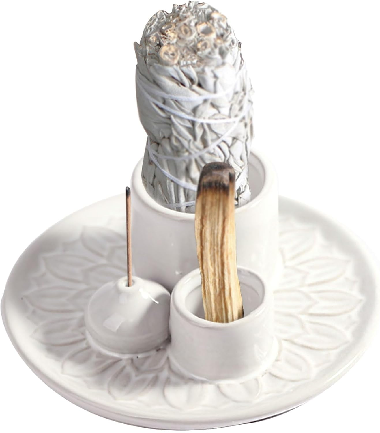 IMEEA Palo Santo Holder Sage Holder 4 in 1 Incense Holder Incense Burner for Burning Sage Incense Stick Palo Santo 5.1" Ceramic Ash Catcher Tray for Meditation Room