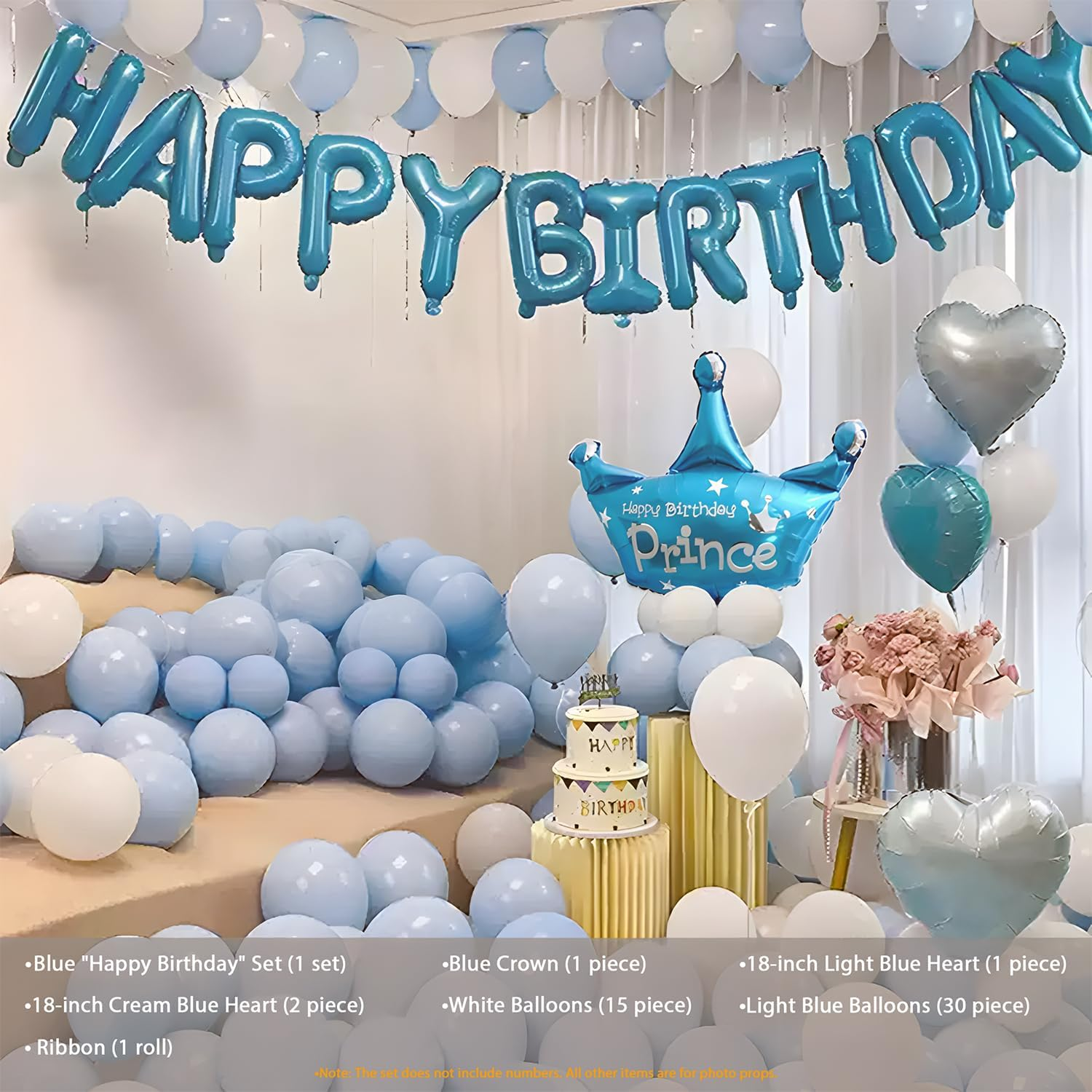 Birthday Balloon for Girls & Boys - Blue Happy Birthday Decorations Set with Crown, 45 Latex Balloons (15 White, 30 Light Blue), 3 Heart Foil Balloons (18"), Ribbon, Party Backdrop Kit