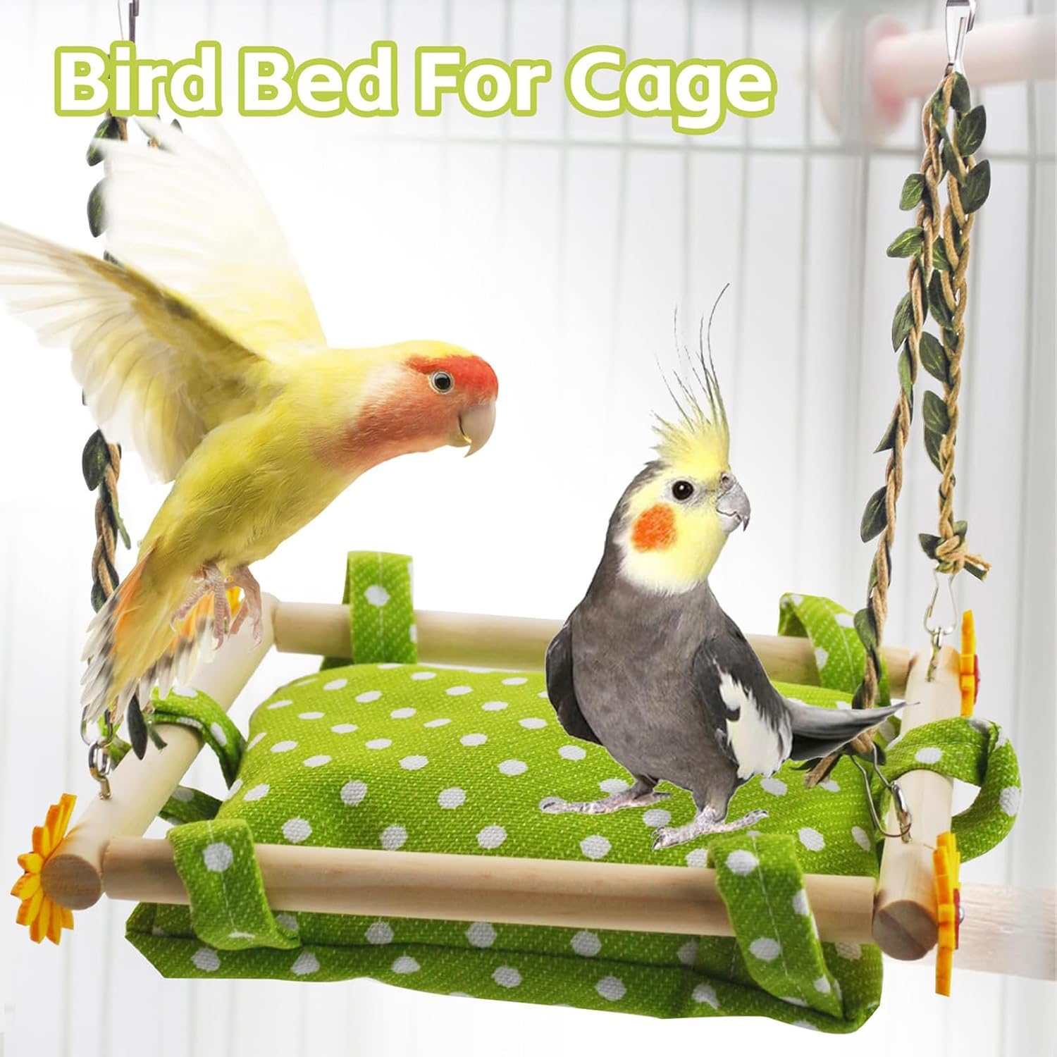 Cozioz Bird Climbing Hammock with Hanging Nest, Wooden Perch Swing & Bell Toy, Ideal Cage Accessories for Parrots, Parakeets, Cockatiels, Conures, and Cockatoos image number 6