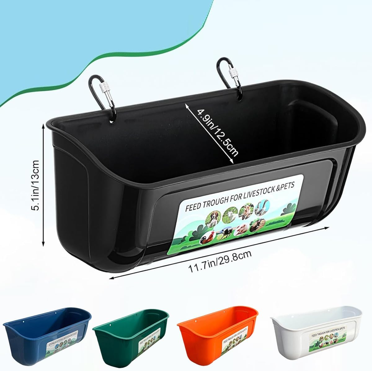 AIMALL Large Hanging Fence Feed Trough for Chicken Duck Goose Goat, Outdoor Livestock Feeder Tub with Carabiners, 11.7X4.9X5.1In - Green image number 2