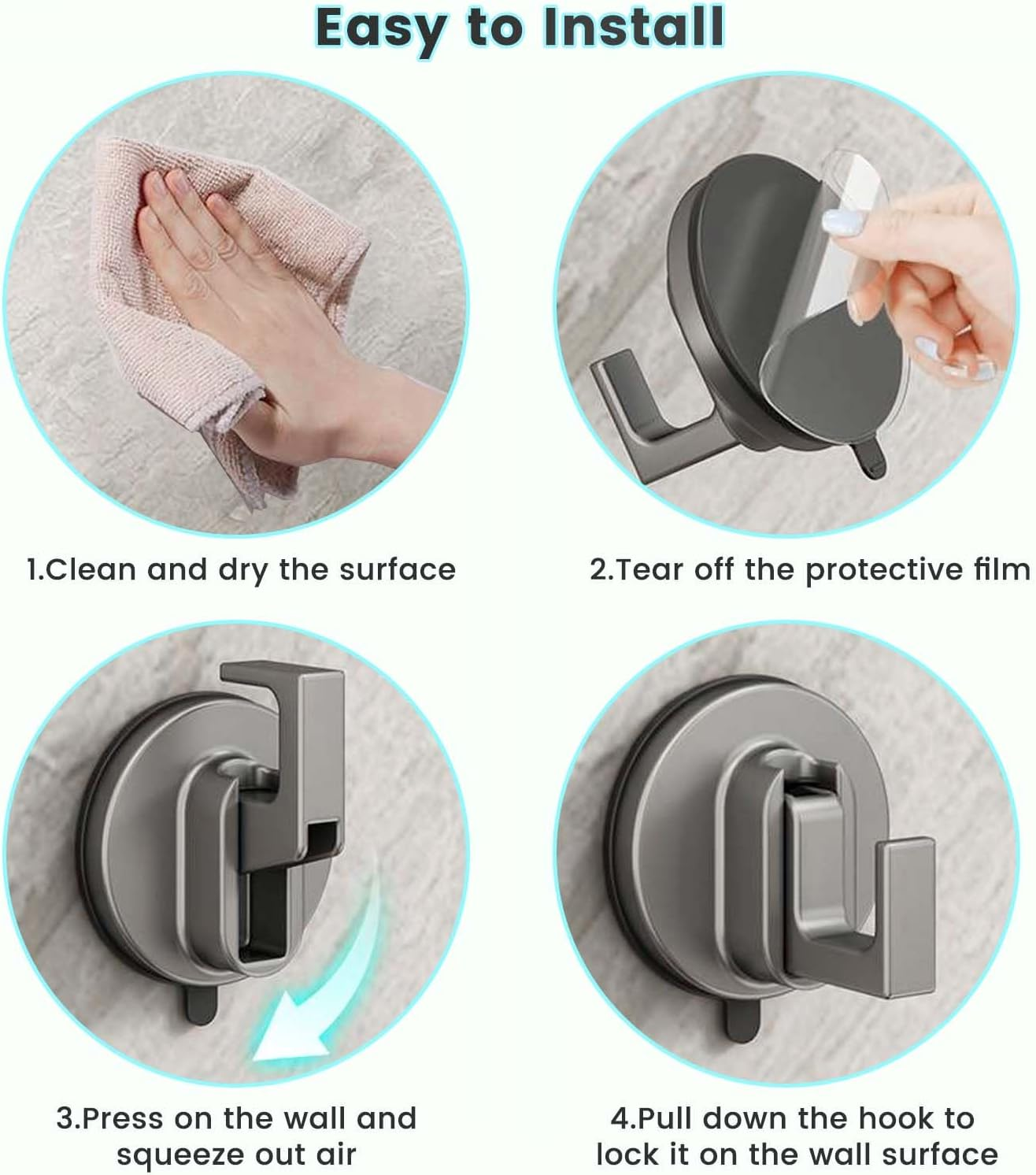 Daily Treasures 2PCS Space Aluminum Suction Hooks (18 Lbs),Stainless Steel Suction Cup Hooks for Shower,Vacuum Suction Hooks for Bathroom,Removable Heavy Duty Hooks,Reusable Towel Hooks Kitchen image number 2