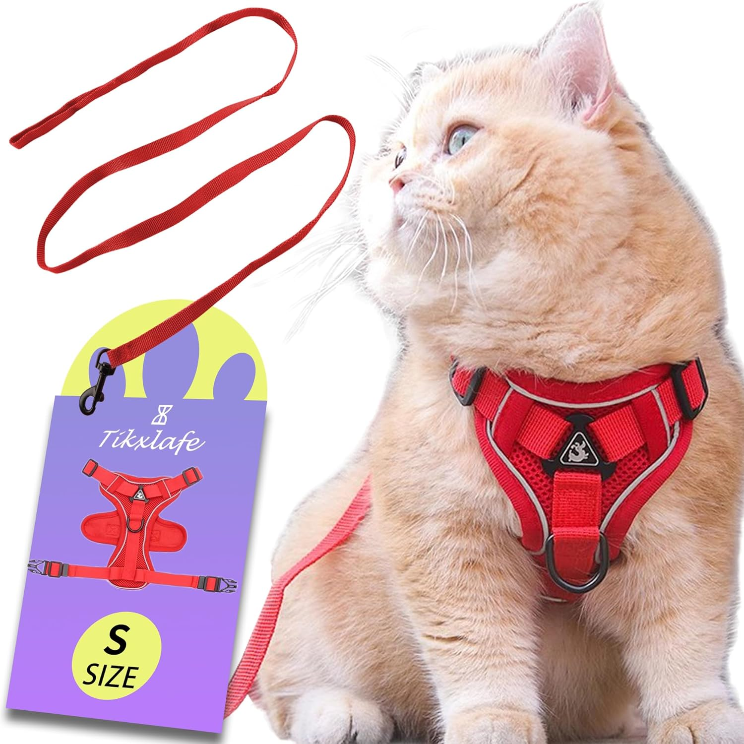 Tikxlafe Cat Harness with Leash, 150 Cm, Cat Leash with Harness, Polyester, Adjustable Cat Leash Set, Escape Proof for Kittens (Red, S) image number 4