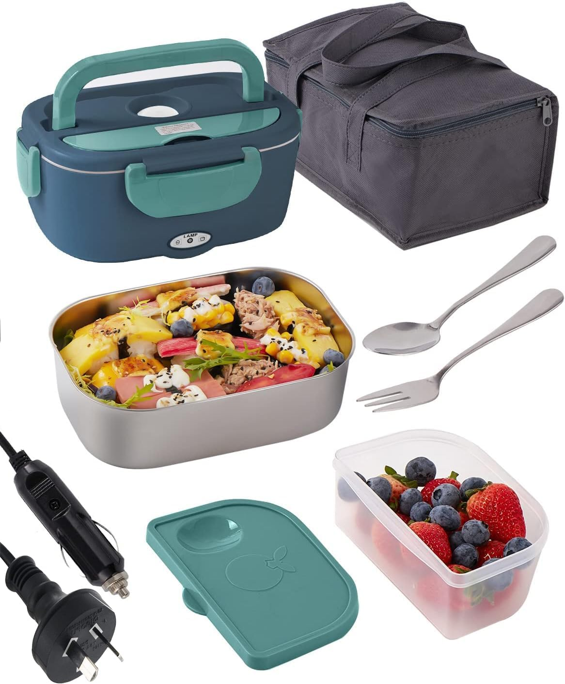 Electric Lunch Box Food Heater 60W1.5L Leak-Proof Heated Lunch Box 12V 24V 220V 3 in 1 Portable Food Warmer for Car/Truck/Office 304 Stainless Steel Container Spoon & Fork and Carry Bag (Dark Green) image number 2