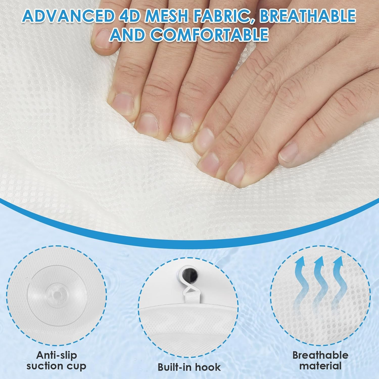 Thick Padded Bathtub Pillow, Ergonomic Machine Washable Bath Neck Back Support, with anti Slip Suction Cup, Helps Support Head, Back, Shoulder and Neck, Fits All Bathtub, Hot Tub, Spa (Wave Pattern)