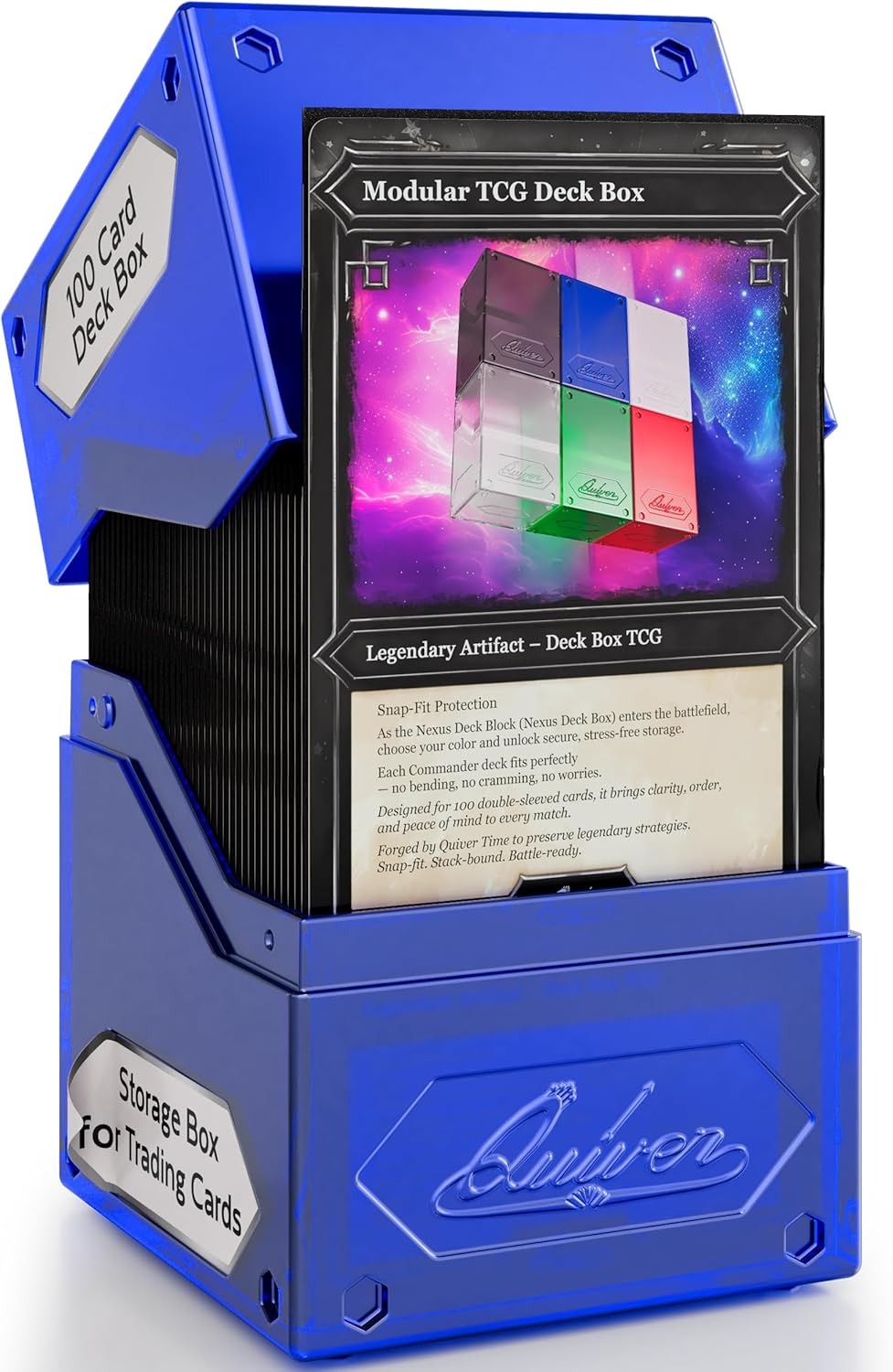 Quiver Time 360&deg; Modular Nexus Deckblock - Durable Stackable MTG Deck Box for Commander Fits 100+ Cards | Stylish 100 Card Deck Box MTG | Interchangeable TCG Decks Boxes (1 Pcs, Clear)