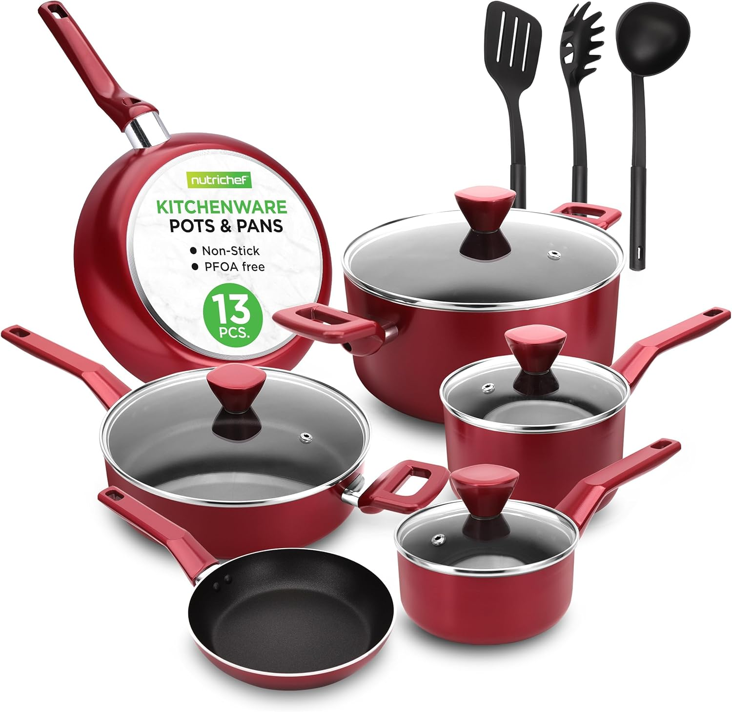 Nutrichef 13 Pcs. Nonstick Kitchen Cookware Pfoa-Free Heat Resistant Kitchenware Set W/Saucepan, Frying Pans, Cooking Pots, Casserole, Lids, & Utensils, Red image number 3
