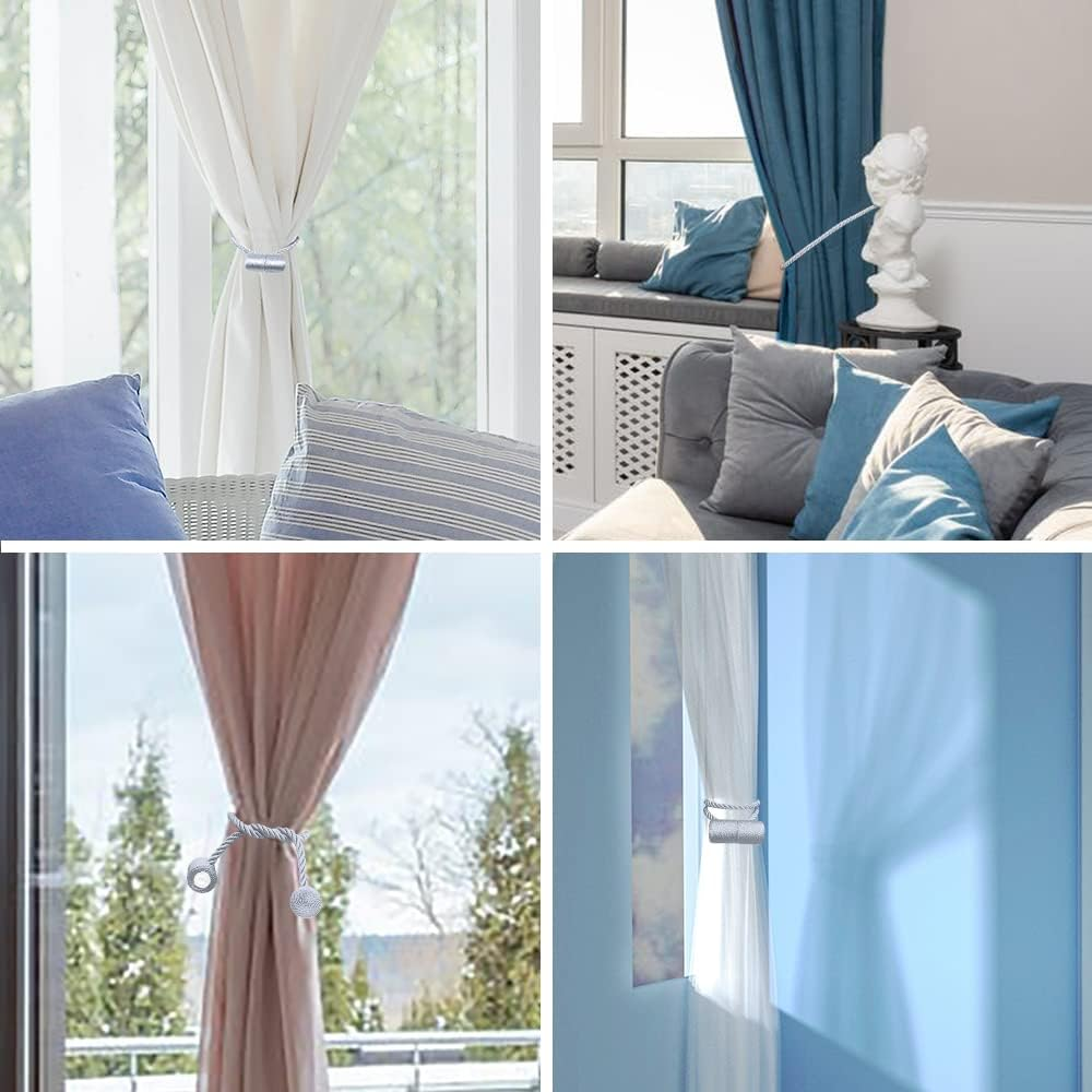 18 Inch Strong Magnetic Curtain Tiebacks, Curtain Holdbacks Modern Upgrade Strong 2021 New Twisted Style Decorative Drapery Rope ​Tie Backs(4 Pack Silver Grey) - 4, Beige image number 2