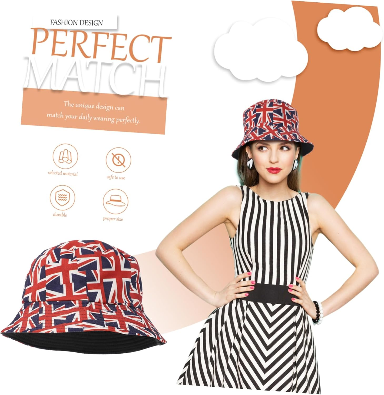 HAPINARY Reversible Union Jack Bucket Hat for Women Teen Girls Fashionable Sun Fits for Festivals Outdoor Activities Unique Flag Print Design Red image number 3