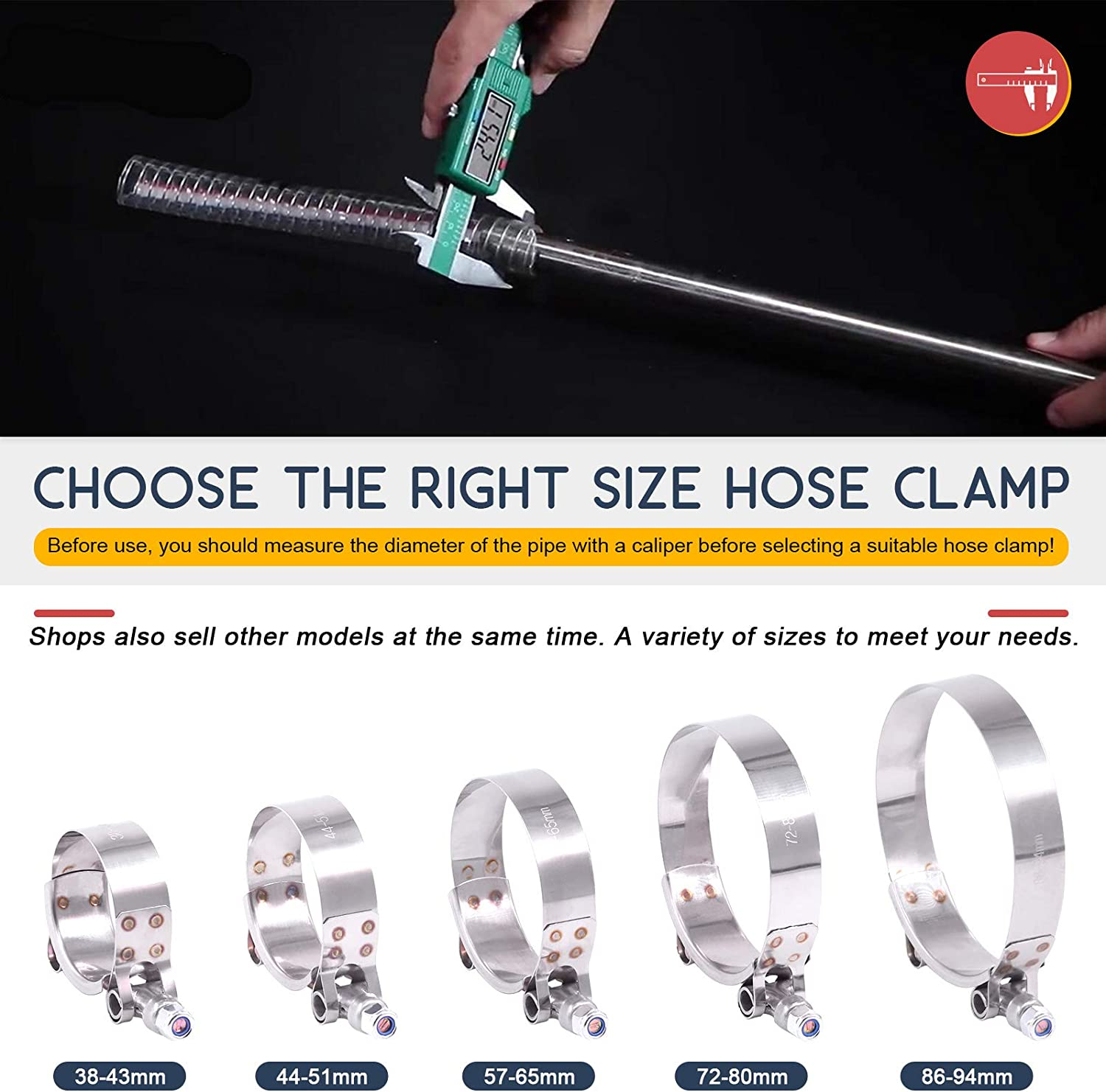 Hilitchi 8Pcs Stainless Steel T-Bolt Clamps with Rounded Band Edges Heavy Duty Turbo Intake Intercooler Clamp (38-43MM) for 1 3/16 Inch image number 1