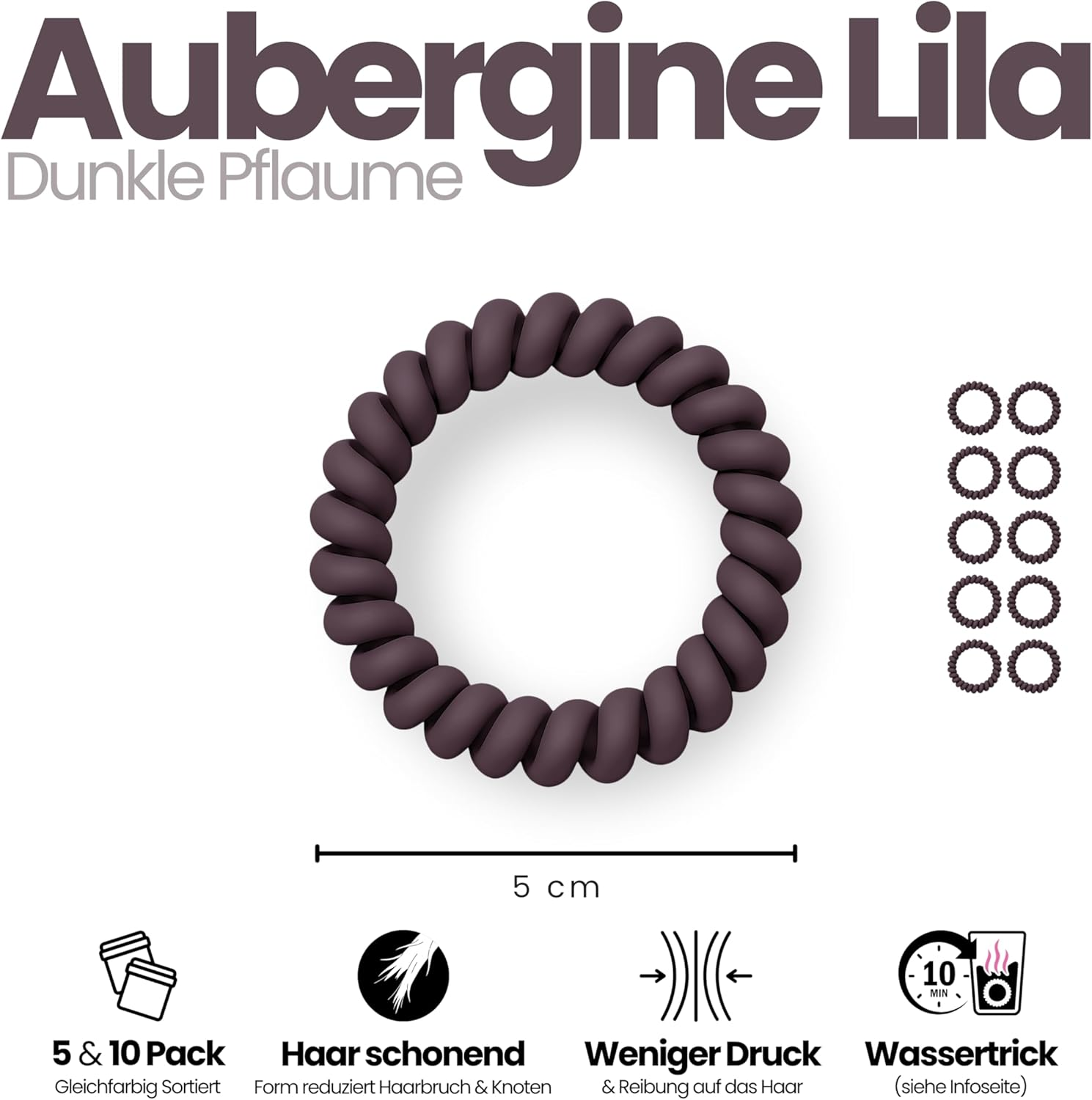 Specora Spiral Hair Scrunchies Aubergine Pack of 10-5 Cm - TPU - Telephone Cable Scrunchie - No Pulling & Tangling - Elastic, No Imprint, Gentle on Hair image number 1