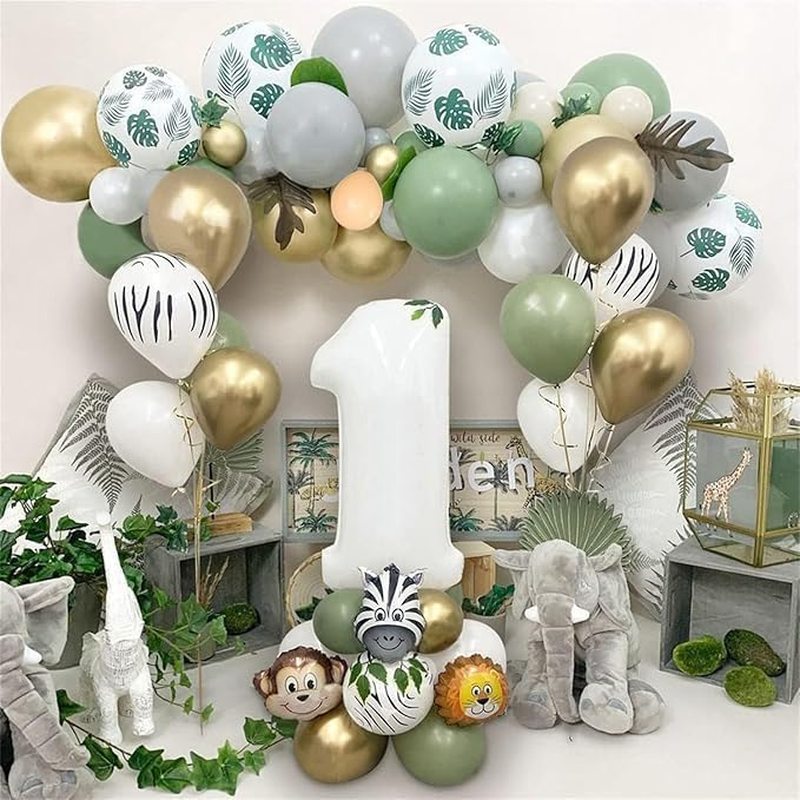 Jungle Safari Balloons Garland Kit Jungle Safari Party Supplies,1St Birthday Party Decorations Supplies,Green White Gold Balloon Arch Kit for Birthday Party Decorations. image number 1