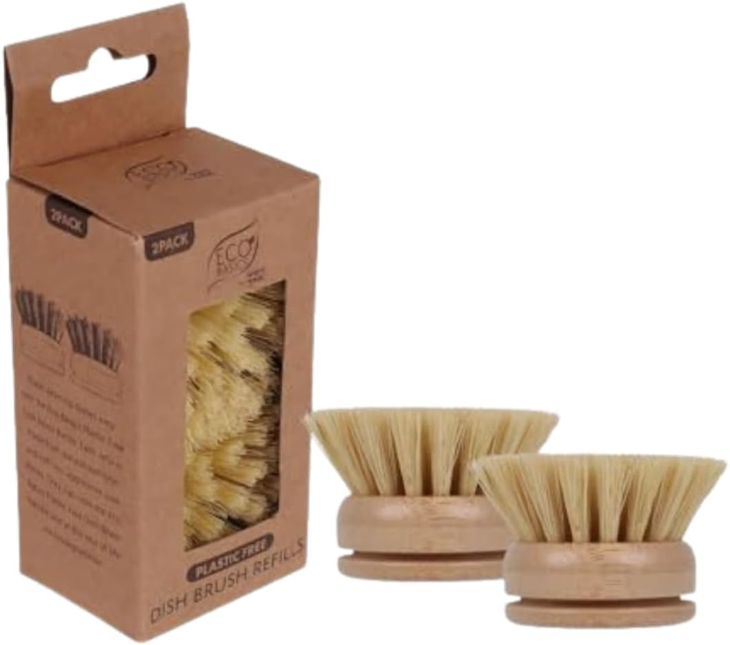 Eco Basics Plastic Free Dish Brush Refills, 2 Pack - 5X5X4.5Cm, Natural Bamboo Base, Tough Tampico Fibers, Biodegradable, Easy Clip-On Design for Sustainable Cleaning image number 1