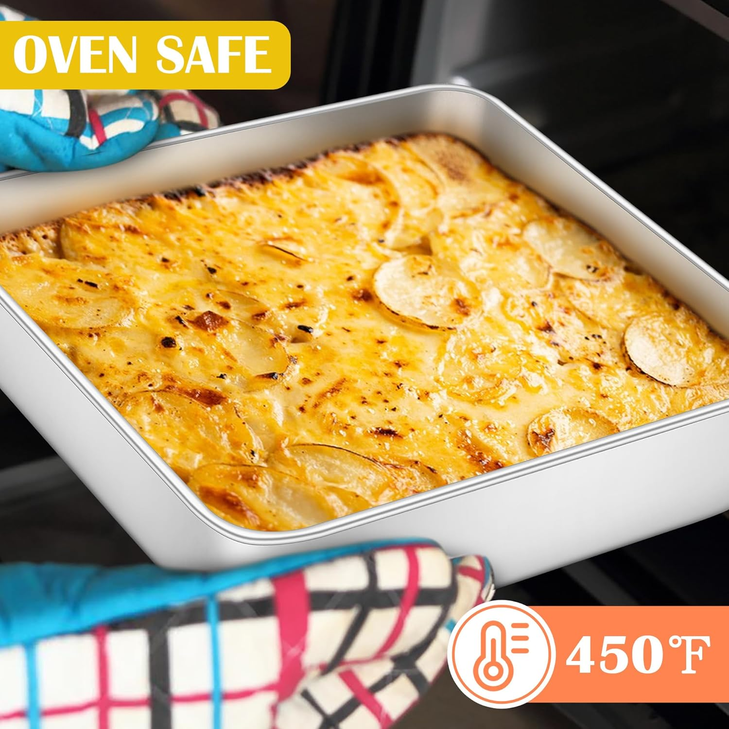 E-Far 9X9 Inch Square Cake Pan, Stainless Steel Baking Pan for Lasagna Brownies Casseroles, Silver Square Bakeware for Oven Cooking, Non-Toxic & Rust Free, Dishwasher Safe, 2 Inch Deep image number 3