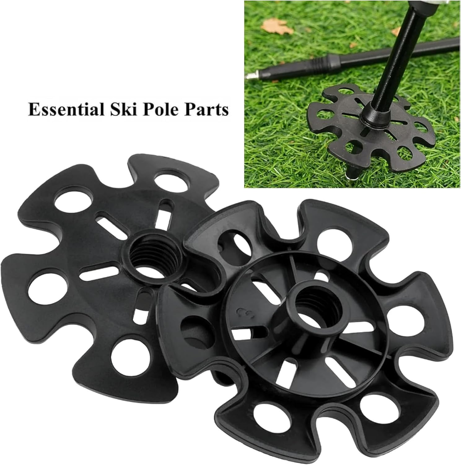 6-Piece Removable Mud Ski Basket Set for Trekking Poles - Snow and Sand Baskets with Rubber Mud Ski Walking Stick Cap Guard Replacement - Essential Hiking Accessory in Black image number 1