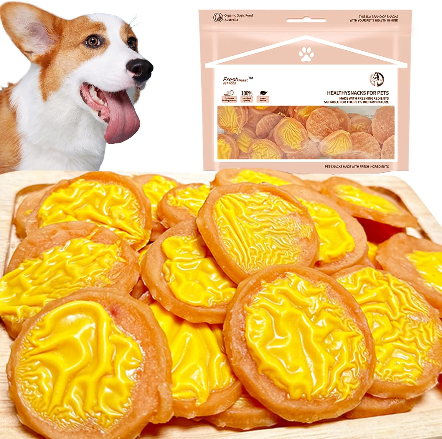 Cheese Chicken Slices with Fresh Meat Triple Flavor Chips 240G for Teeth Grinding, Training Rewards & Healthy Snacking, Cheese & Chicken Waffle Dog Treats for Puppies & Dogs - Fun Shaped