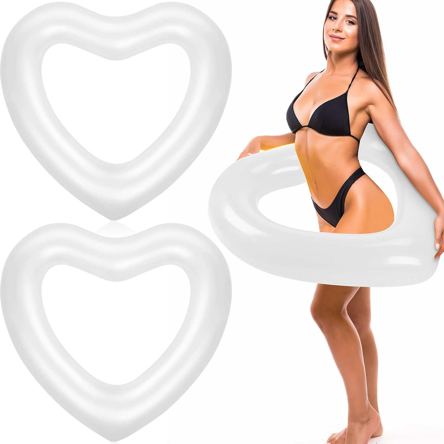 Junkin 47.3 X 39.4 Inch White Heart Pool Float Inflatable Swim Water Ring Float Swimming Pool Float Bachelorette Pool Float Loungers Tube for Engagement, Wedding, Summer Beach Party image number 3