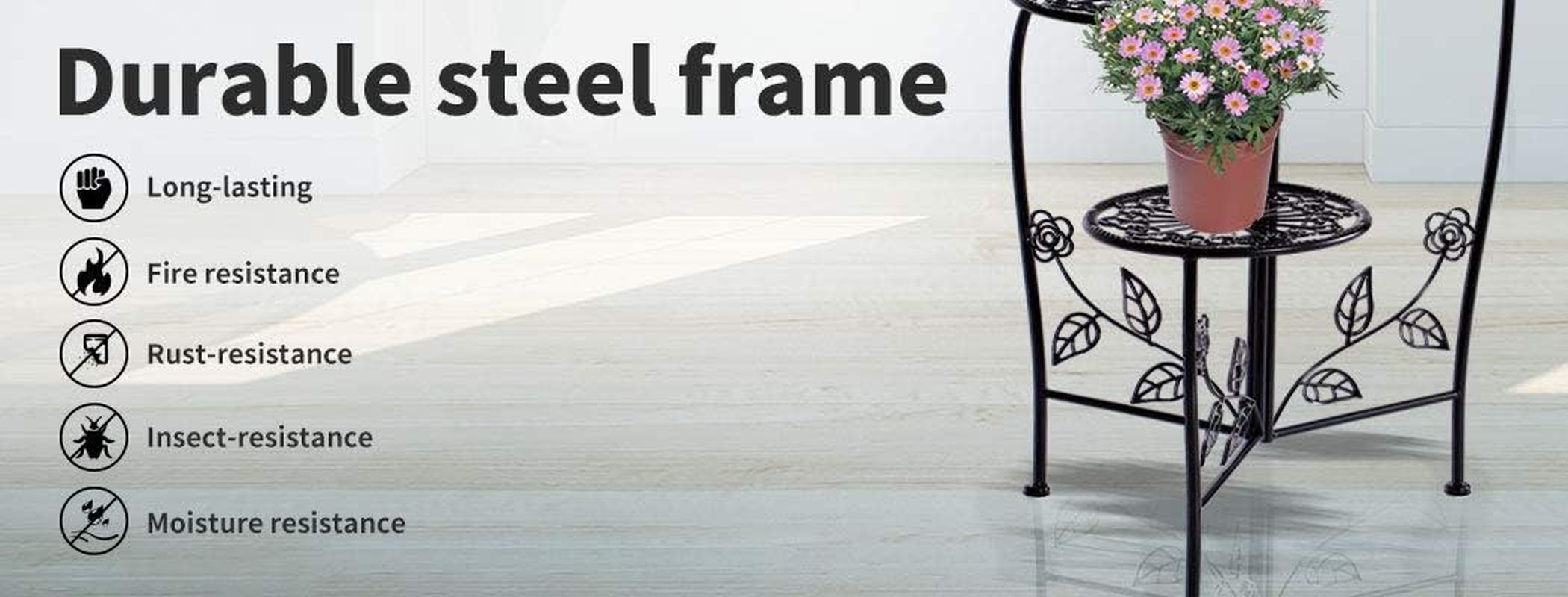 Levede 3 Tier Plant Stand 73Cm Tall Metal Indoor Outdoor Flower Pots Shelf Holder Balcony Garden Display Corner Shelf Wrought Iron Black image number 2