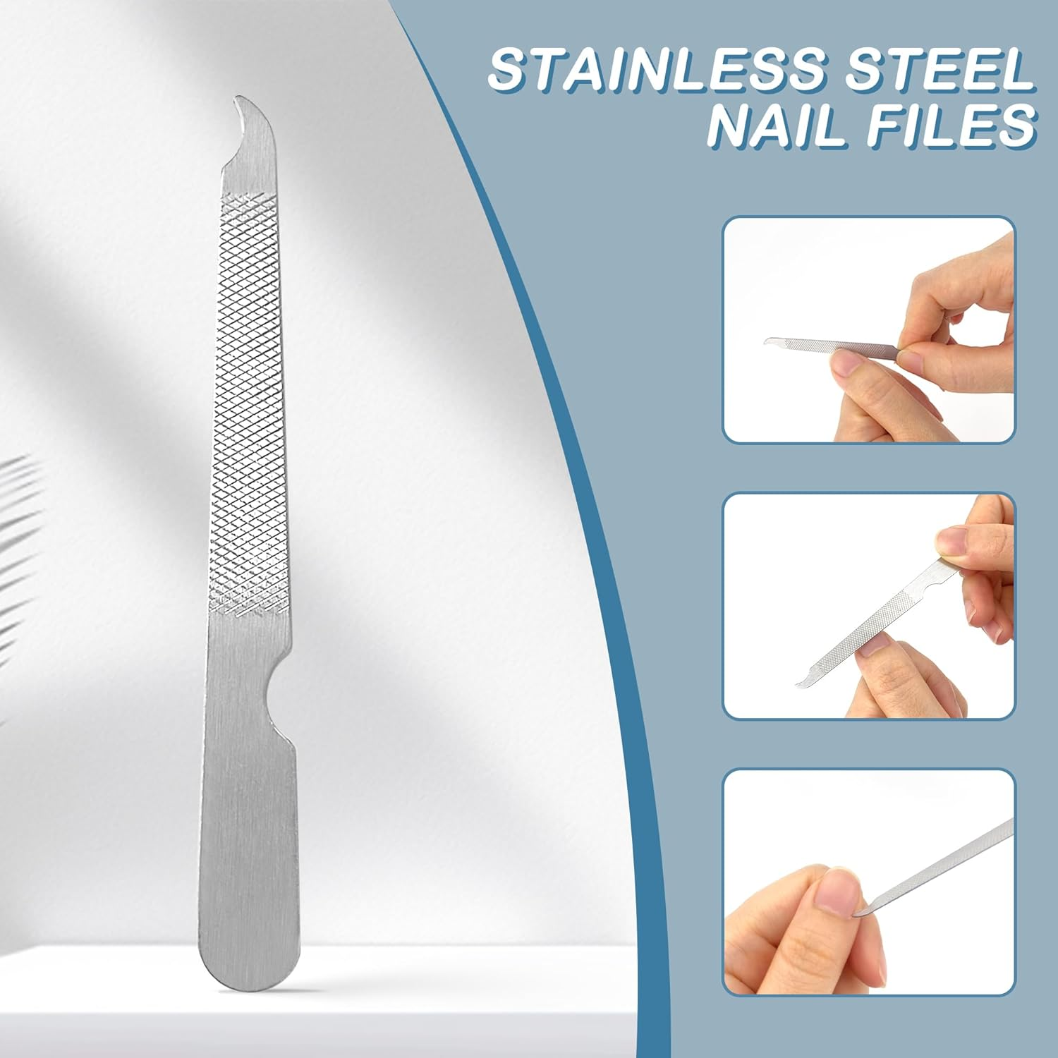 Blingkingdom 3 PCS Stainless Steel Nail File Metal Double Sided Nail File with Curved Sharp Pointed for Salon and Home Manicure Files (Silver) image number 1