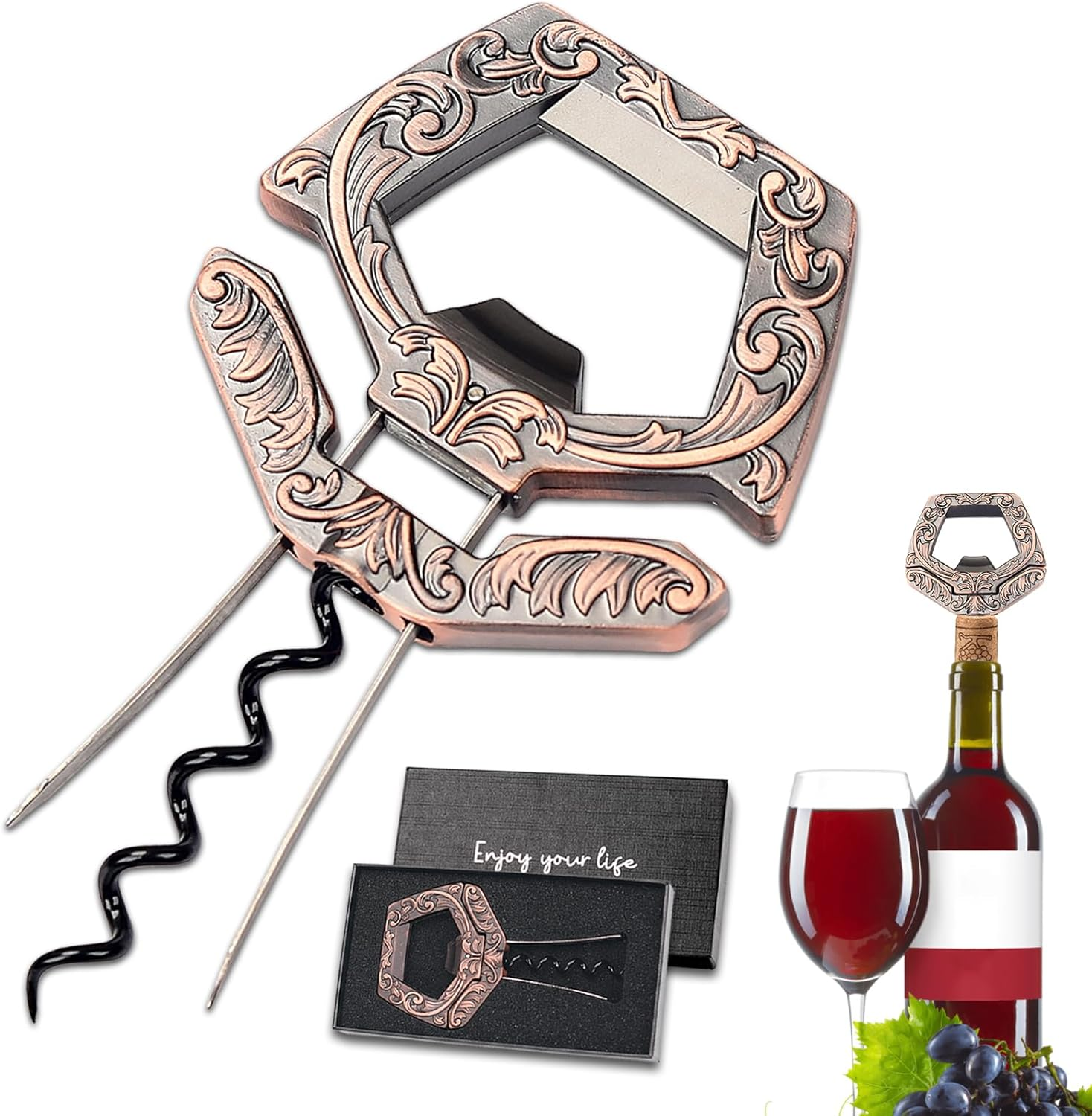 LUCYLANKER Corkscrew Old Wine, Ah so Wine Opener for Vintage Bottles, Two Prong Remover with Beer Bottle Opener, Waiter Corkscrew, Wine Connoisseur Collector for Uncorking (Bronze)
