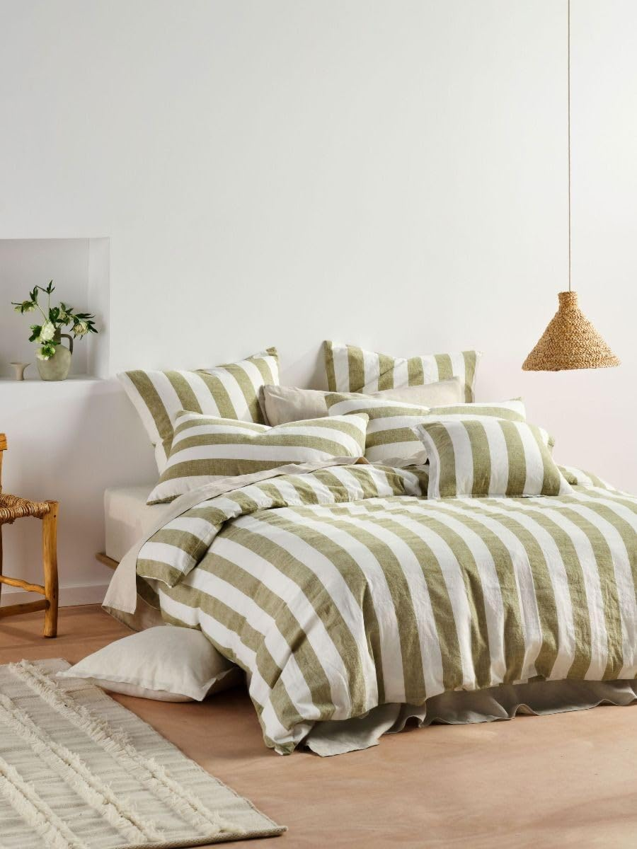 Linen House Vintage Stripe Quilt Cover Set, Pesto, Queen Size