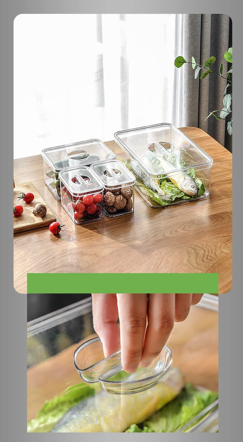 Set of 4 Refrigerator Organizer Box with Lid - Storage Boxes for Fridge, Freezer, Pantry, Kitchen Cabinet, Shelves - Plastic Containers to Store Fruit, Spices, Vegetable, Fish, Meat