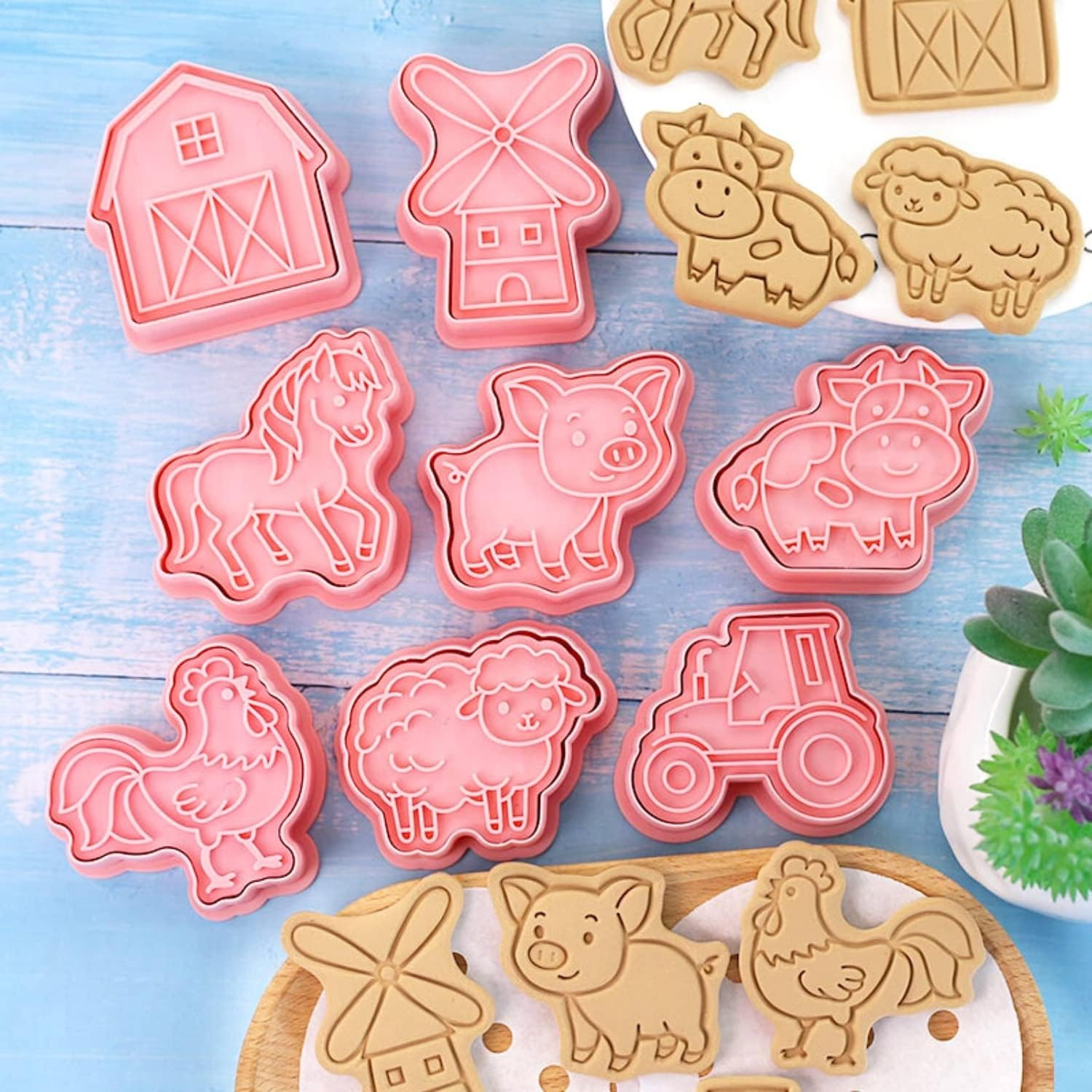 Crethinkaty Farm Animal Cookie Cutter Set-8 Plastic Cookie Stamp- Farm Animal Theme Fun Cookie Mold, Children'S Baking Set.