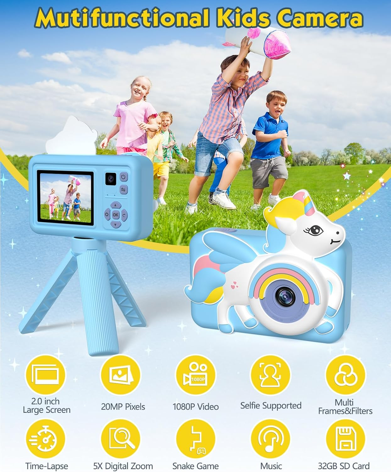 Kids Digital Camera with Tripod, 1080P HD /2 Inch Screen/ 32G Card/Music Video Camera with Unicorn Silicone Cover, Children Selfie Camera for Boys Girls Age 3-12 Years Old (Blue)