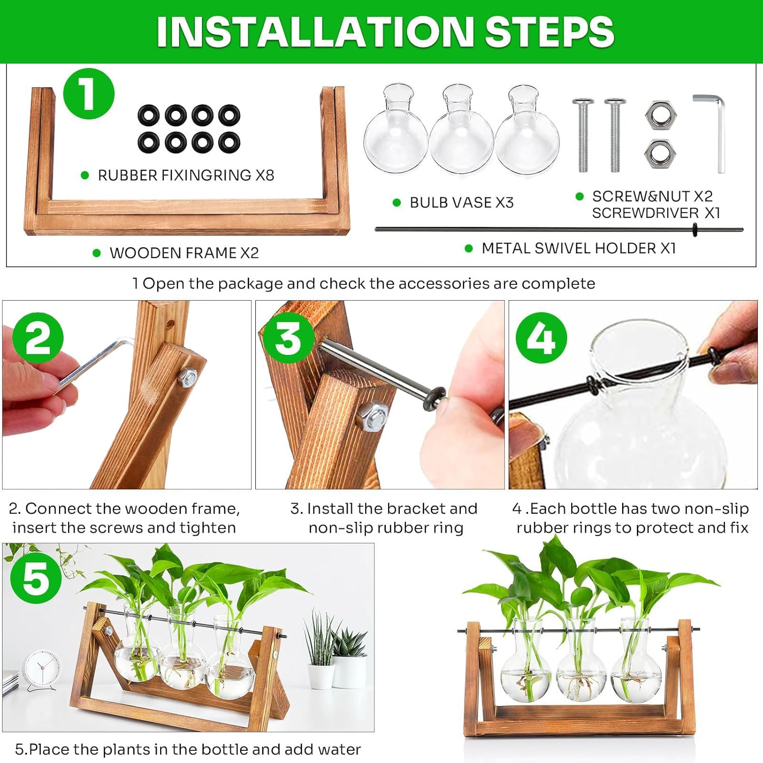 Propagation Station Plant Terrarium with Wooden Stand, Desktop Propagation Stations Glass Hydroponics Terrarium Planter Holder for Gardening Office Home Decor(3 Bulbs Vase) image number 2