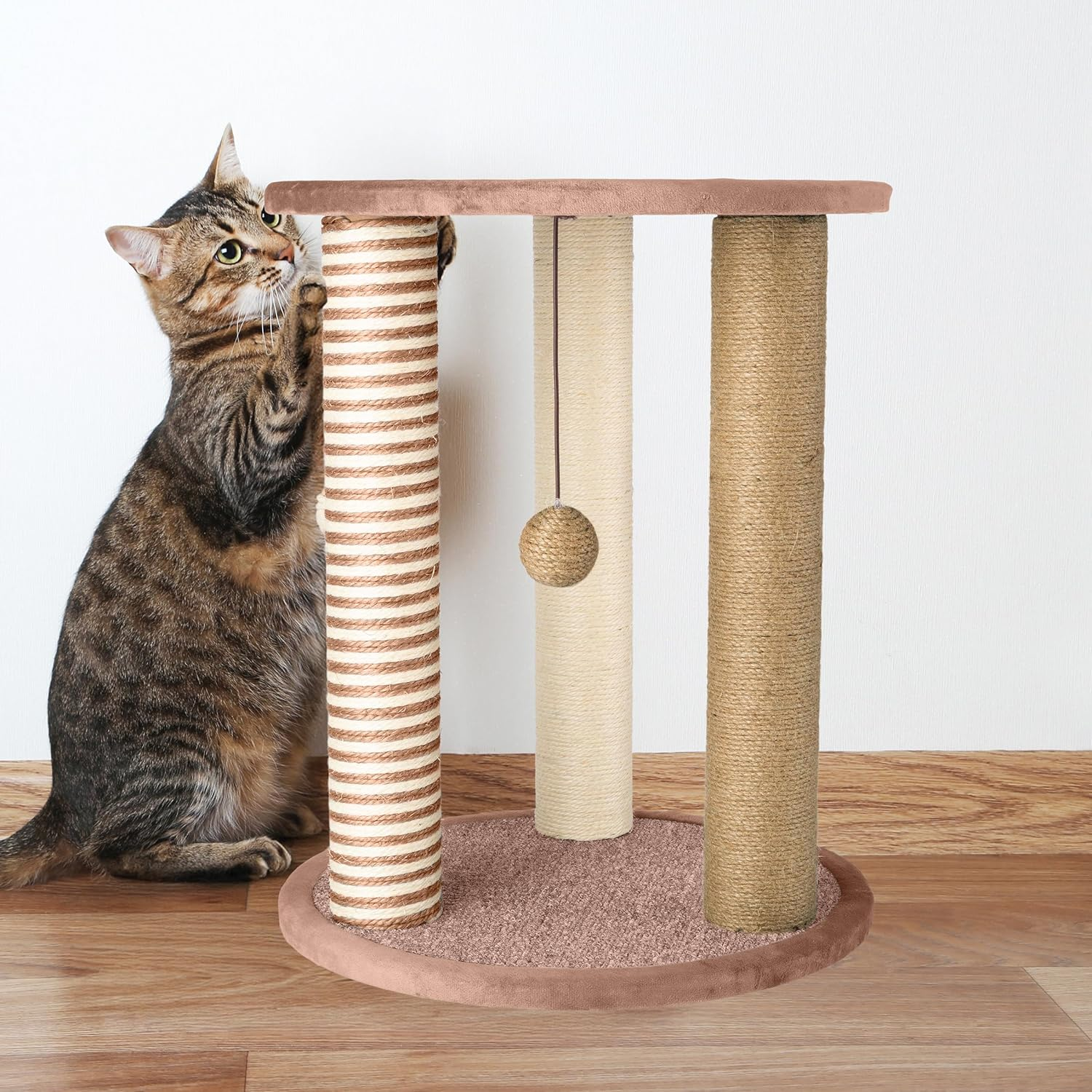 PETMAKER Cat Scratching Post - 3 Scratcher Posts with Carpeted Base Play Area and Perch - Furniture Scratching Deterrent for Indoor Cats by (Brown) image number 1