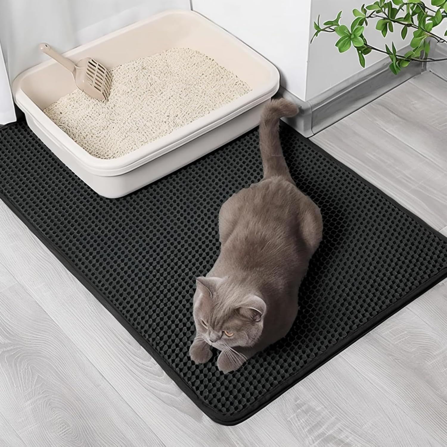 Pack of 2 Cat Litter Mat, Grey, 30 Cm X 30 Cm, Cat Litter Mat, Honeycomb Design Mat, Waterproof Double Layer Design image number 5