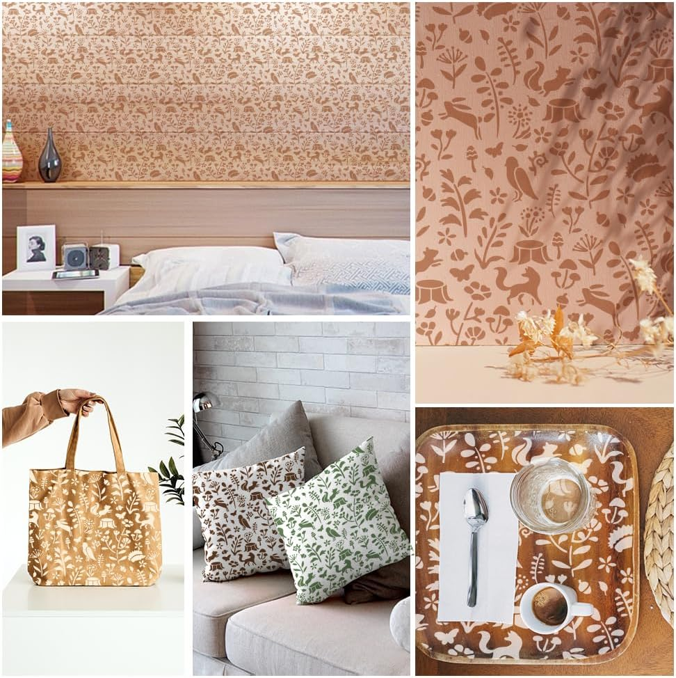 Doodlream Forest Plants and Animals Wall Stencil Template 11.8 X 15.7 Inch Reusable Plastic Woodland Nursery Stencil for Painting on Wood Wall Floor Fabric Glass Furniture DIY Home Decor Template