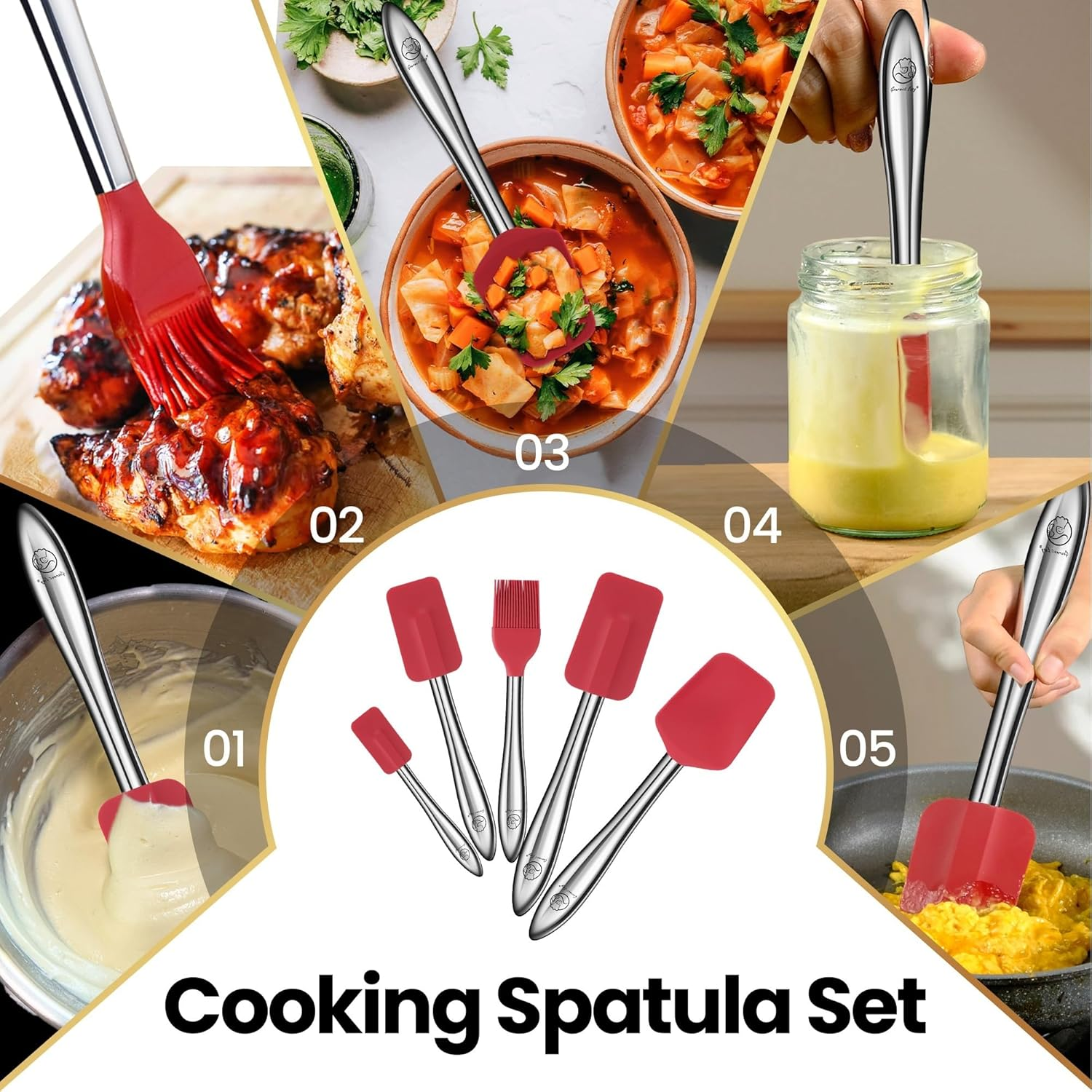 5Pcs Silicone Spatula Cooking Utensils Set with Stainless Steel Handles, Premium Heat-Resistant Kitchen Utensils for Baking, Spoonula & Silicone Brush Included, Safe for Nonstick Cookware (Red) - Red image number 4