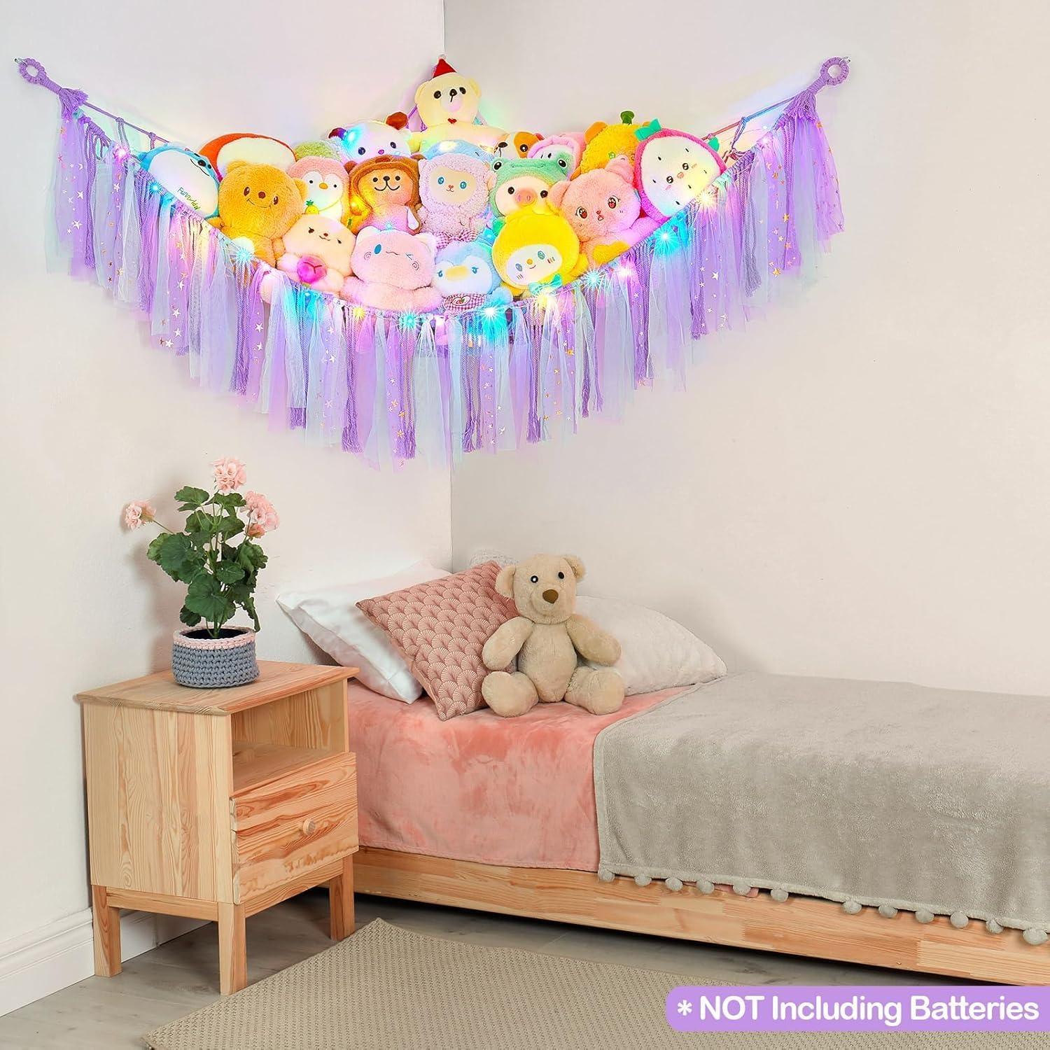 Stuffed Animals Toy Hammock Net, Kids Toy Storage with LED Light Hooks, Stuffed Animals Holder for Soft Bears Toys, Corner Hanging Toy Organizer Storage for Nursery Kids Bedroom Decor(Purple) image number 5