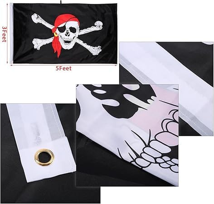 Jolly Roger Flag Pirate Skull Flag for Pirate Party Halloween Decoration Pirate Day, 3 by 5 Feet (Skull and Red Scarf, 2 Pieces) image number 6