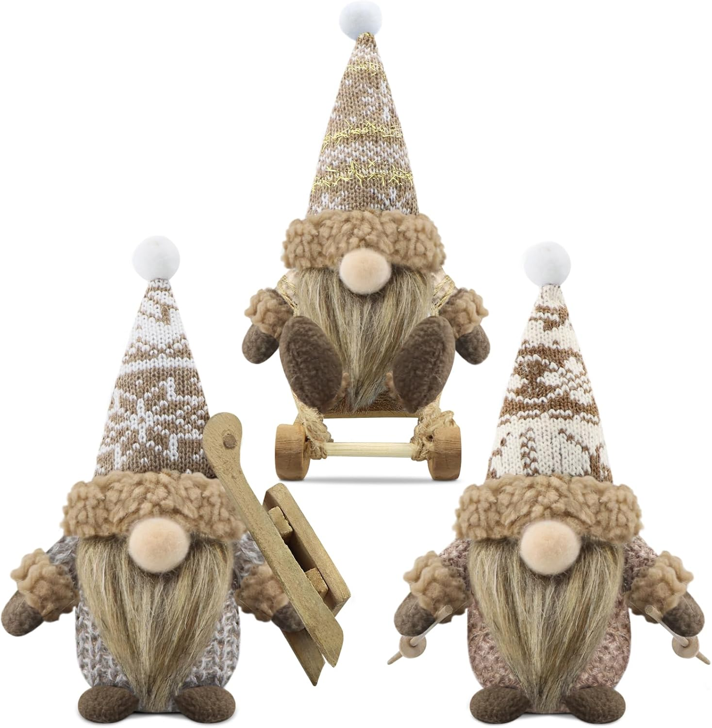 Gehydy Set of 3 Christmas Gonk Decorations Handmade Sled Gnome Plush Stuffed Xmas Decor for Home Kitchen Farmhouse - Brown
