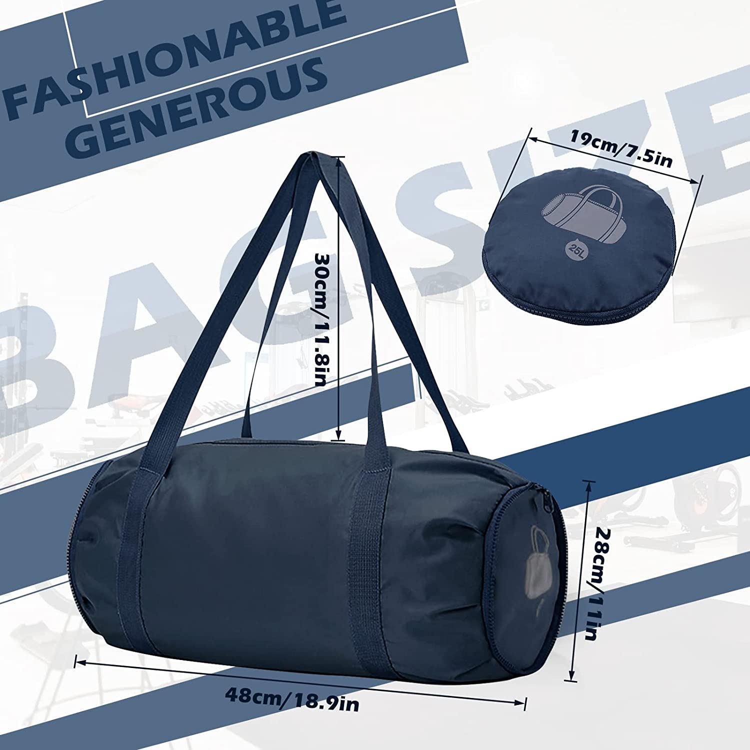 Foldable Sports Gym Bag with Wet Dry Pocket, Ultralight Travel Bag, Large Capacity Duffel Bag, Splash Proof Carry on Bag, Overnight Bag, Weekender Bag for Travel, Beach (Blue) - Black image number 5