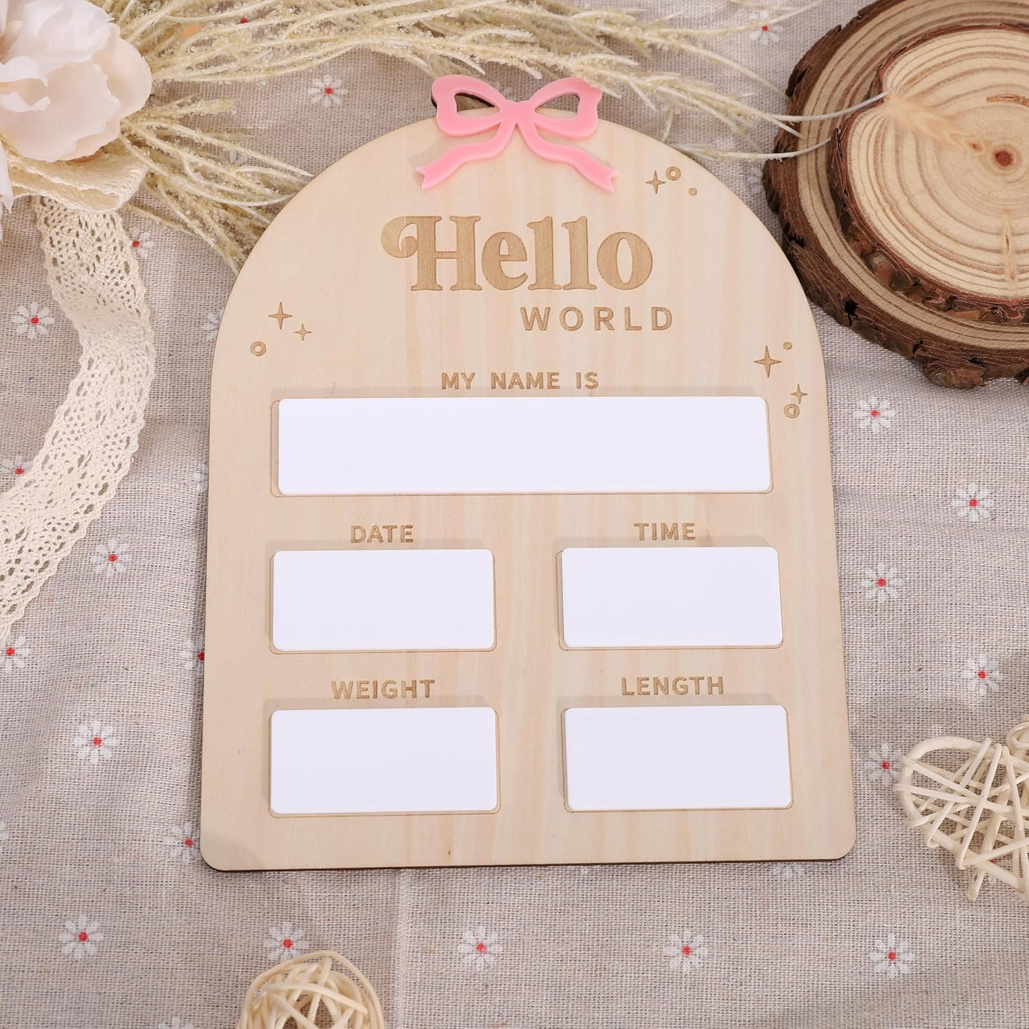 Wooden Bow Baby Birth Announcement Sign for Girls - Pink Bow Hello World Newborn Welcome Board, Wooden and Acrylic Birth Announcement Board, Hospital Birth Stats, Nursery Decorations image number 5