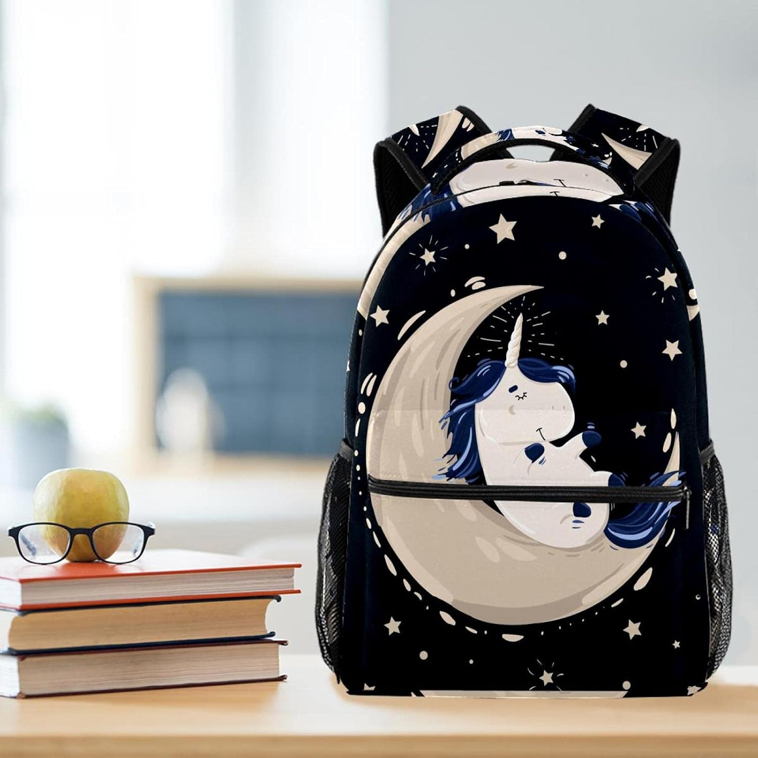 Unicorn with Magic Blue Sleeping in the Moon in Space Backpack Students Shoulder Bags Travel Bag College School Tote Backpacks