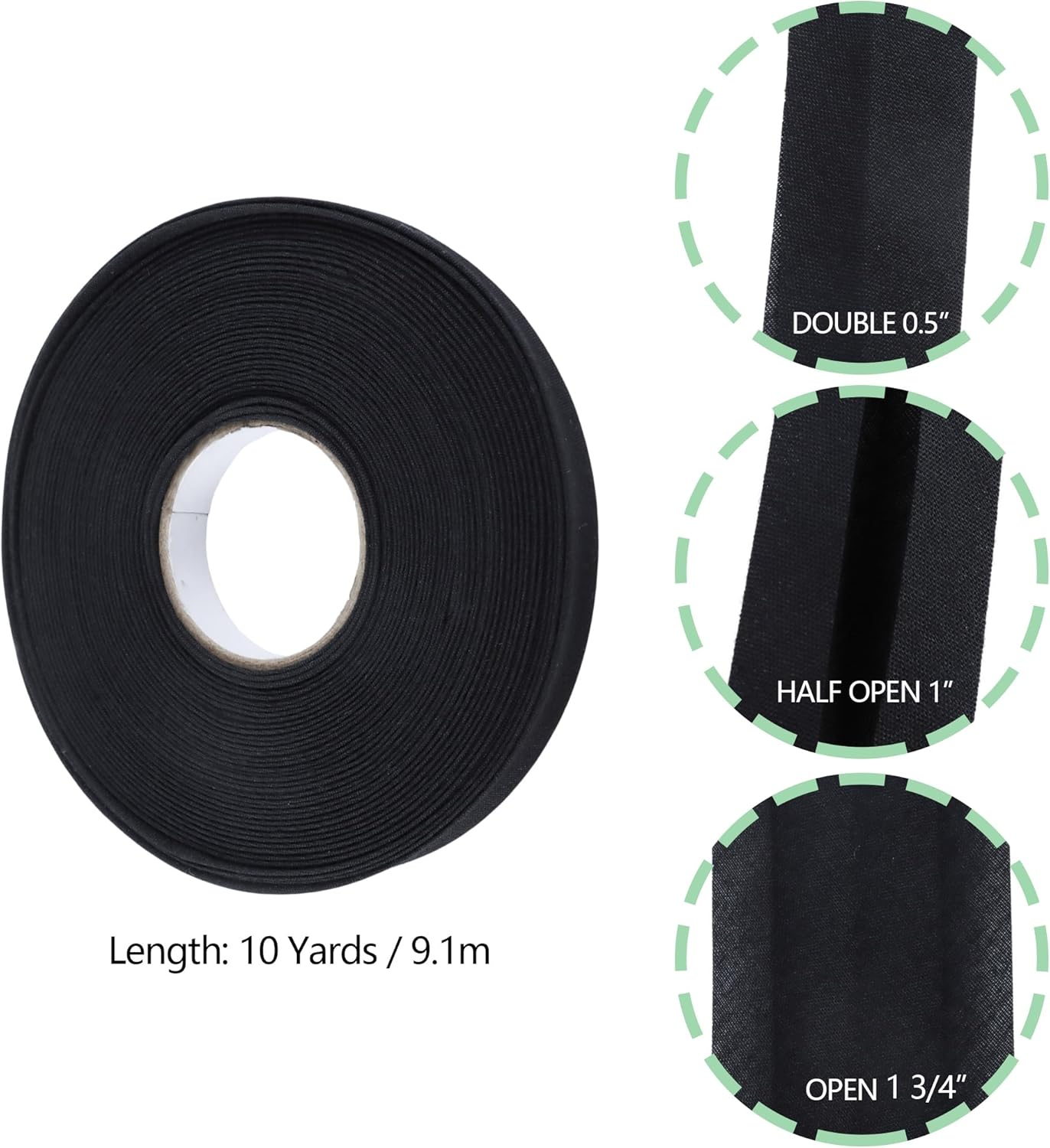 1/2 Inch Double Fold Bias Tape, 10 Yards Bias Binding Tape Fabric Tape for Sewing Hemming Seaming Quilting Piping (Black) - White image number 7