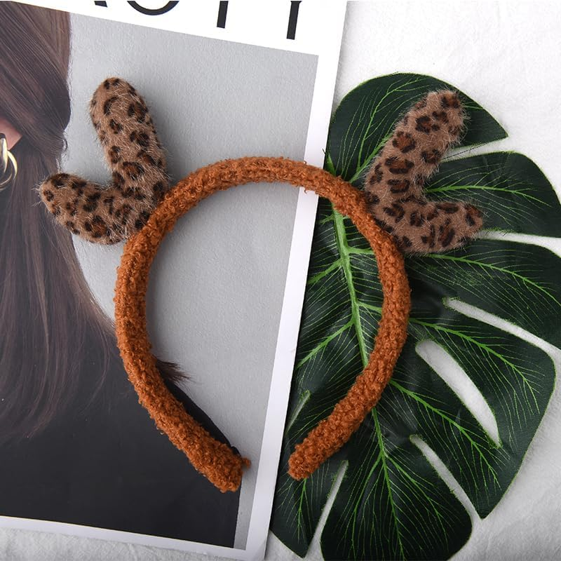 Plush Christmas Deer Antlers Headband Christmas Holiday Head Hair Accessories for Girls Women Soft Reindeer Antlers Headband Hairband Leopard Deer Ears Headband Deer Antlers Costume Headwear Headband image number 2