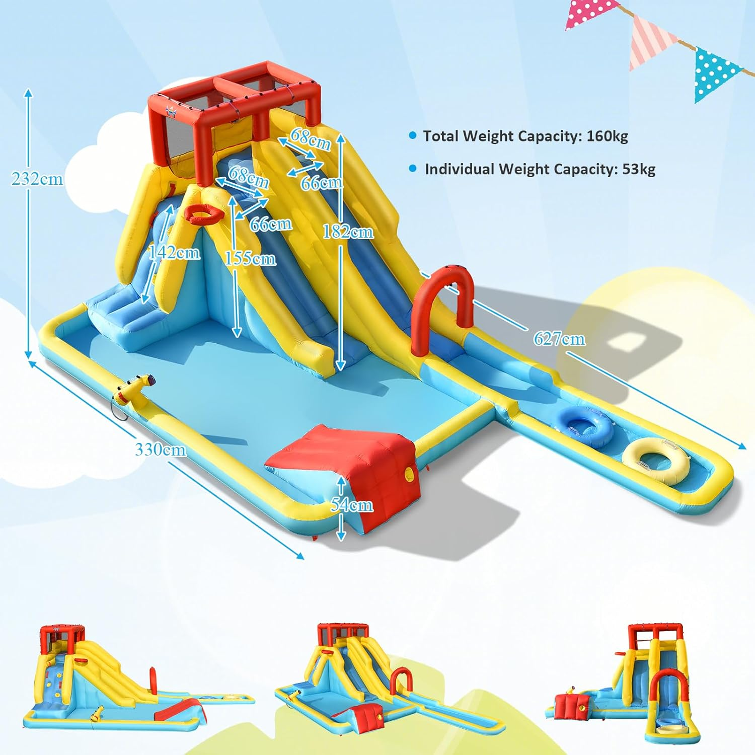 HONEY JOY Inflatable Water Slide, Outdoor Jumping Castle Splash Park with Sprinklers, Water Gun, Climbing Wall, Extra Long Slide & 2 Swimming Rings, Blow-Up Water Park for Yard (Without Blower)