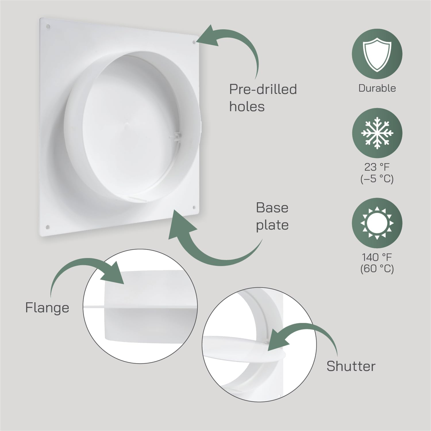 Vent Systems 6" Inch Air Vent Duct Connector Flange Straight Ventilation Pipe Plastic Ducting Connector Plate for Cooling Heating Ventilation System HVAC with Valve image number 2
