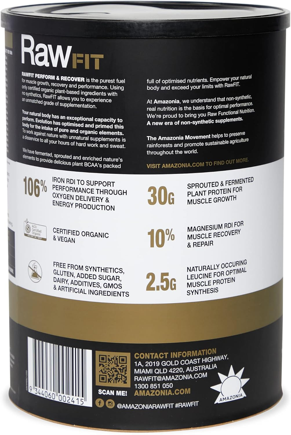 Amazonia Rawfit Plant Protein Perform & Recover Rich Chocolate - Certified Organic, Low FODMAP Certified, Vegan, Sprouted & Fermented Pea & Brown Rice Protein, HASTA Certified, 35G Protein per Serve, Supports Muscle Growth & Recovery, 1.25Kg image number 4