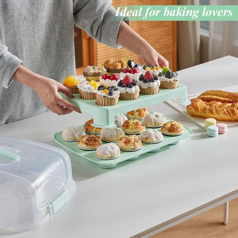 2 Tier Cupcake Carrier for 24 Cupcakes, Durable Muffin Traveler Reusable Cupcake Box, Airtight Snap Lid Clear Plastic Storage Container Baked Goods Container image number 6